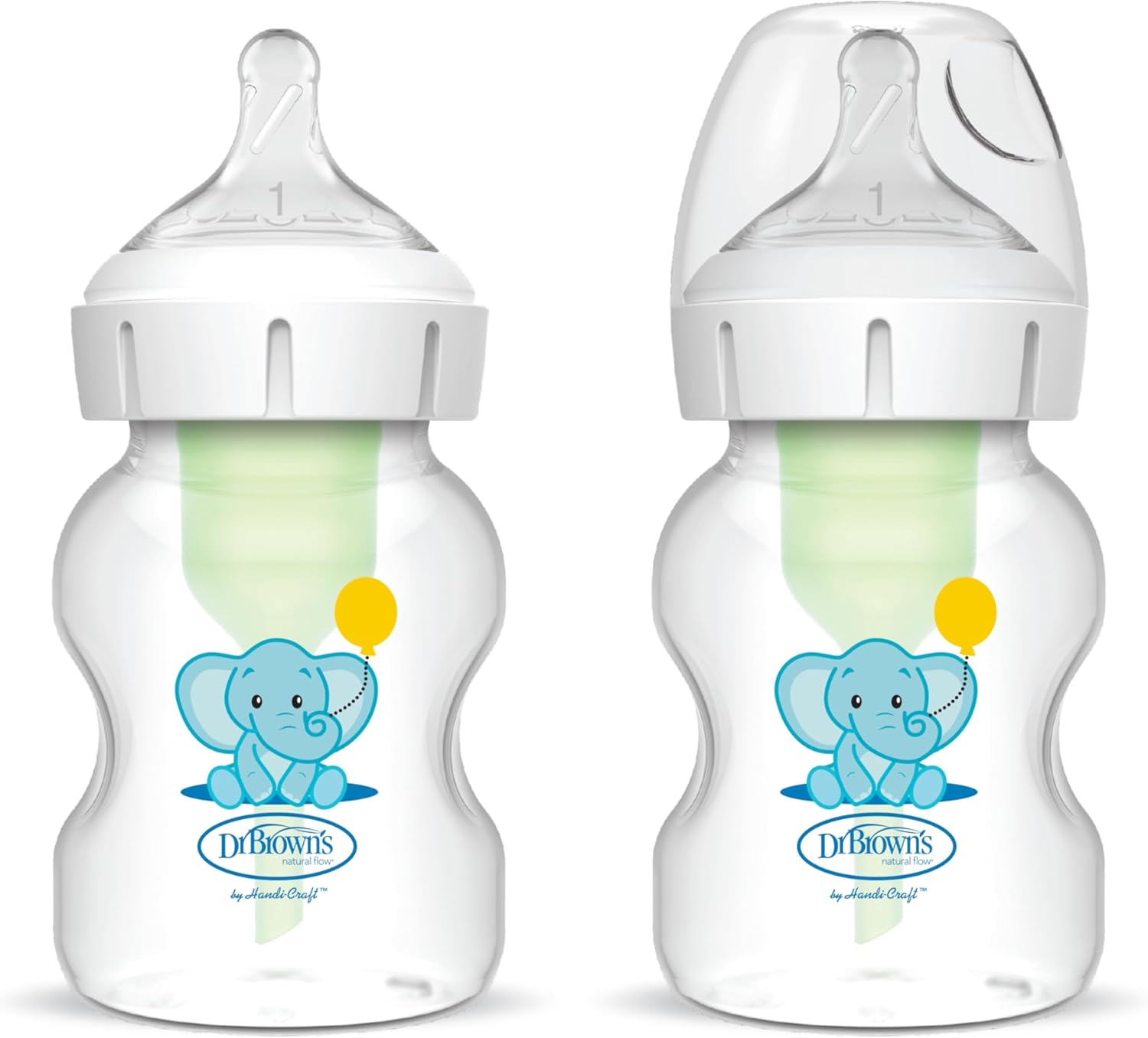 Dr Brown’s Natural Flow® Anti-Colic Options+™ Wide-Neck Baby Bottle, 5oz/150ml, with Level 1 Teats, 2-Pack, Elephant