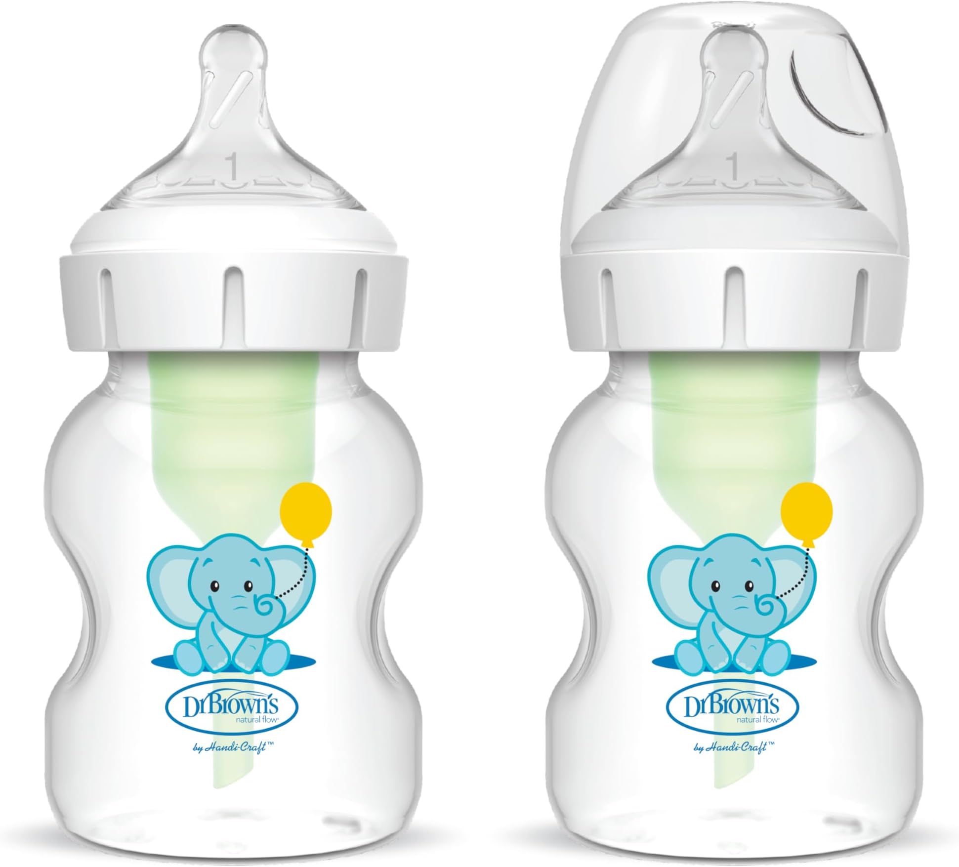 Dr Brown's Natural Flow® Anti-Colic Options+™ Wide-Neck Baby Bottle, 5oz/150ml, with Level 1 Teats, 2-Pack, Elephant