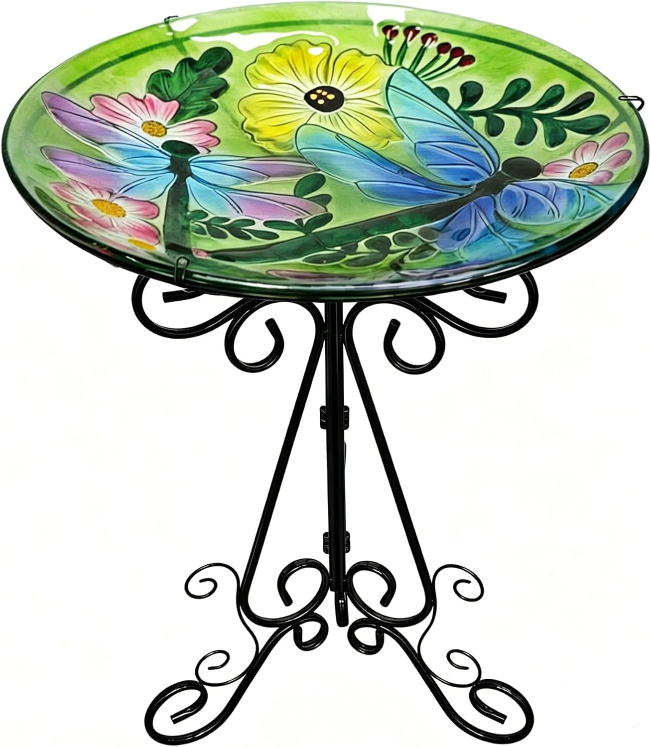 Large Bird Bath for Outside, Glass Bath Bowl with Metal Stand 28" H Standing Outdoor Birdbaths for Garden Yard Lawn Decor, Dragonfly-B