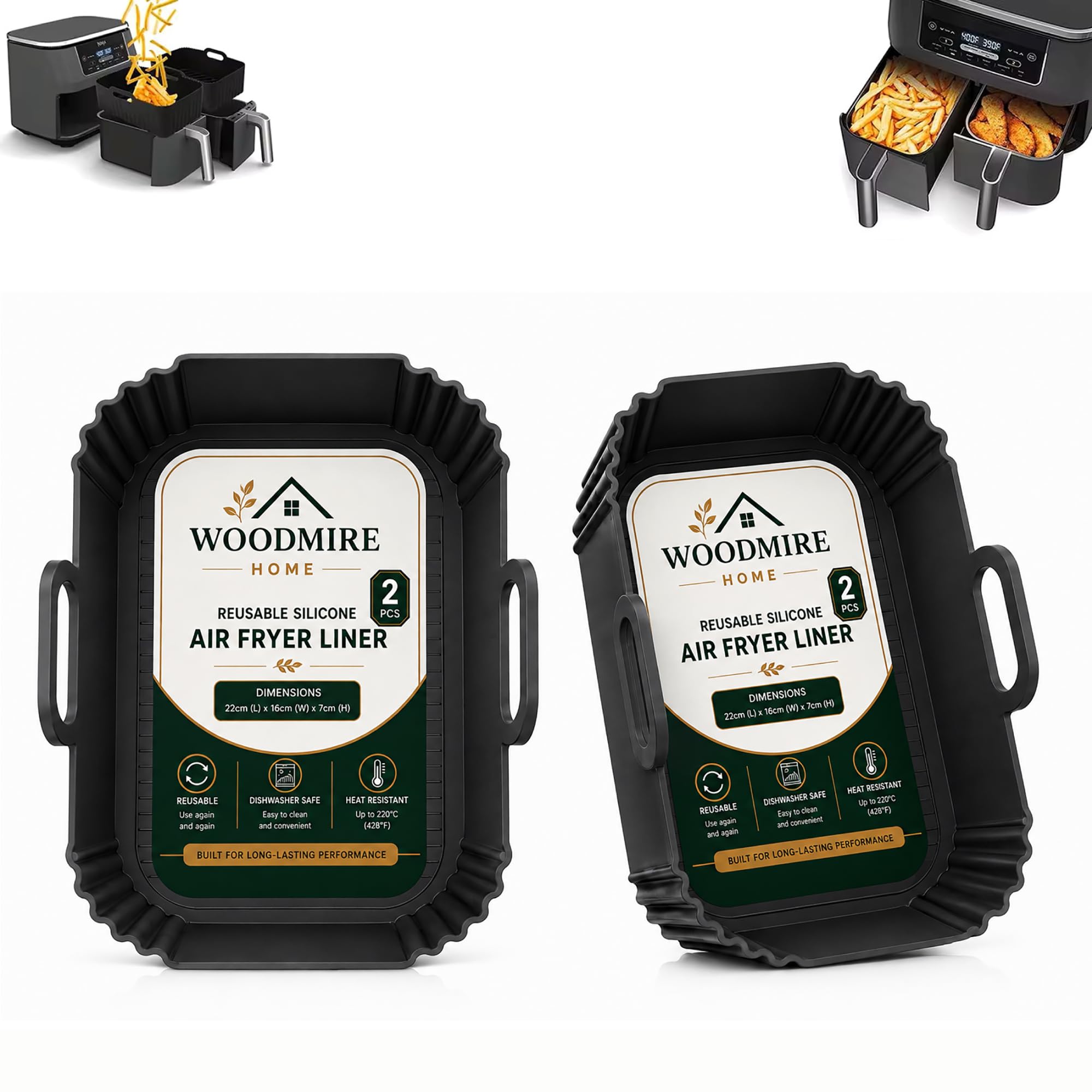 WoodMire Home Silicone Air Fryer Liners 2 Pack for 7.6L-9.5L Dual Basket Air Fryers, Compatible with Ninja Foodi AF300UK AF400UK AF451UK, Tower, COSORI, Instant & Chefman, Dishwasher & Oven Safe
