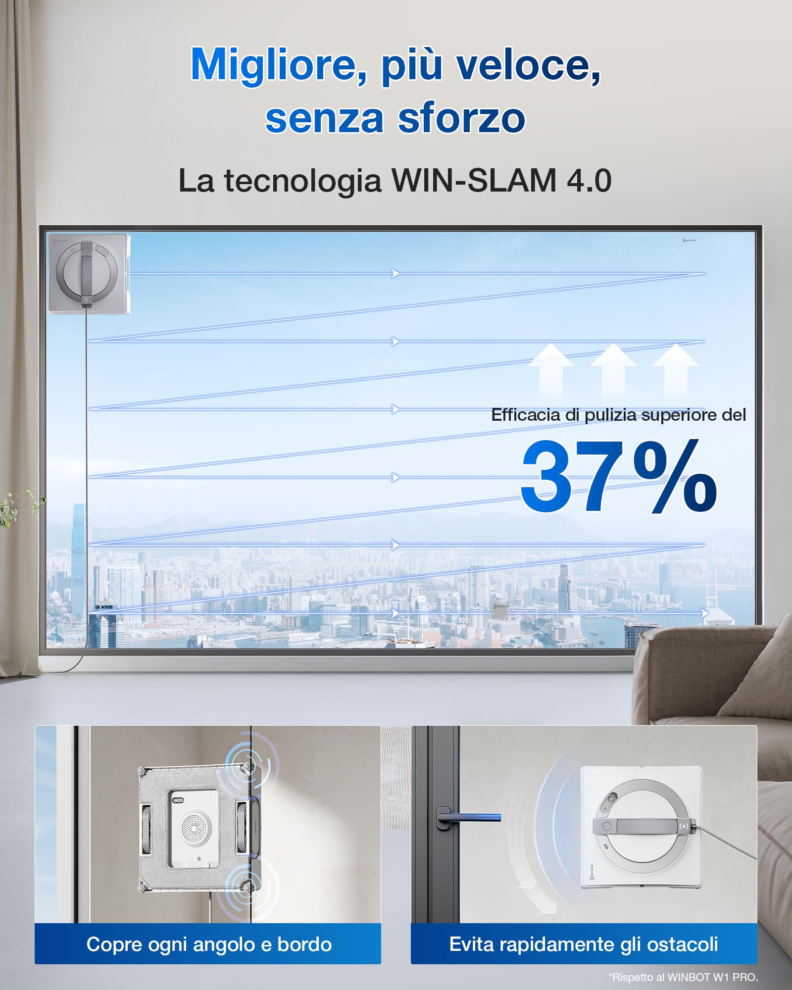 ECOVACS W2 PRO Robot Lavavetri, Robot Vetri con 3 Ugelli Spruzzatori d'acqua, Sistema di Protezione a 10 Livelli, Pianificazione del Percorso WIN-SLAM 4.0, Sistema di Scalata Stabile