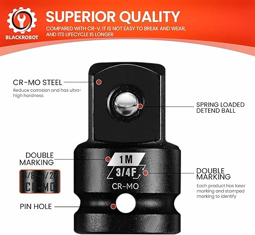 Miniatura 4 de Adaptador de enchufe de impacto de 34 "F a 1" M, acero Cr-Mo supera los estándares ANSI, reductor de accionamiento cuadrado para llave de