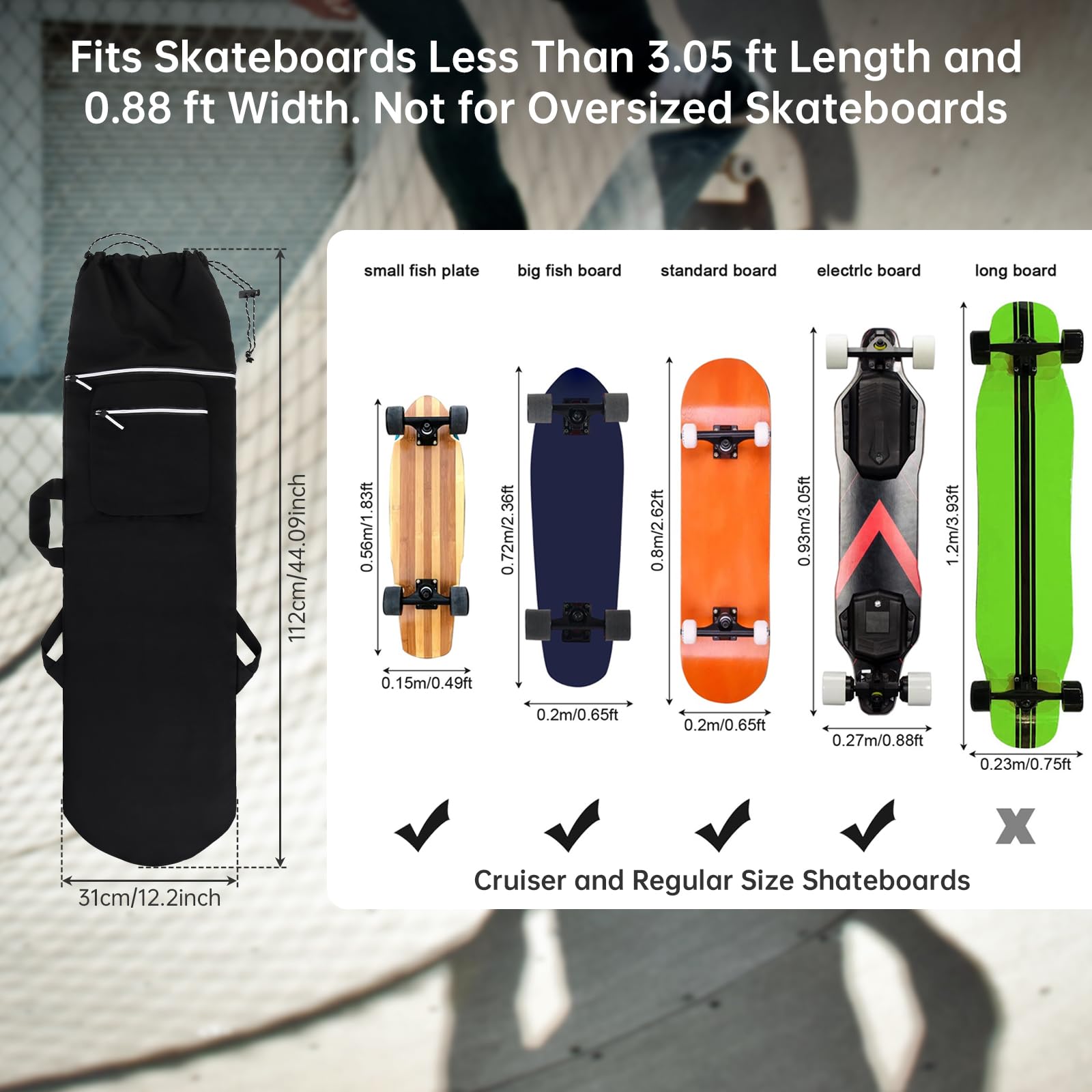 Sac de skateboard surdimensionné avec cordon de serrage réglable, sac à dos de skateboard de 101,6 cm, tissu Oxford avec fermeture éclair lumineuse, bretelles rembourrées réglables et poches