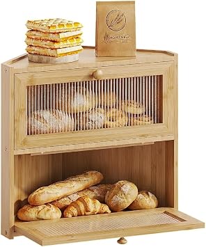 BAMBANG Corner Bread Box for Kitchen Countertop, Double Layer Bamboo Bread Storage Container with Wavy Windows, Farmhouse Large Bread Bin, Wooden Breadbox Holder for Homemade Bread, Natural