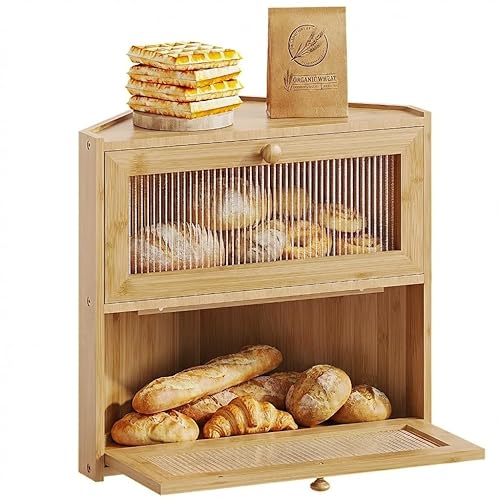 BAMBANG Corner Bread Box for Kitchen Countertop, Double Layer Bamboo