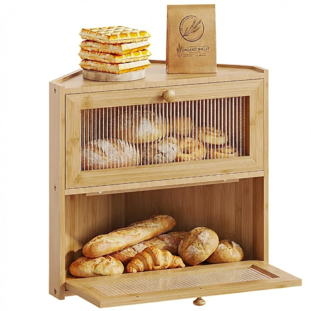 BAMBANG Corner Bread Box for Kitchen Countertop, Double Layer Bamboo Bread Storage Container, Farmhouse Large Bread Bin Counter Top, Wooden Breadbox Holder for Homemade Bread, Natural