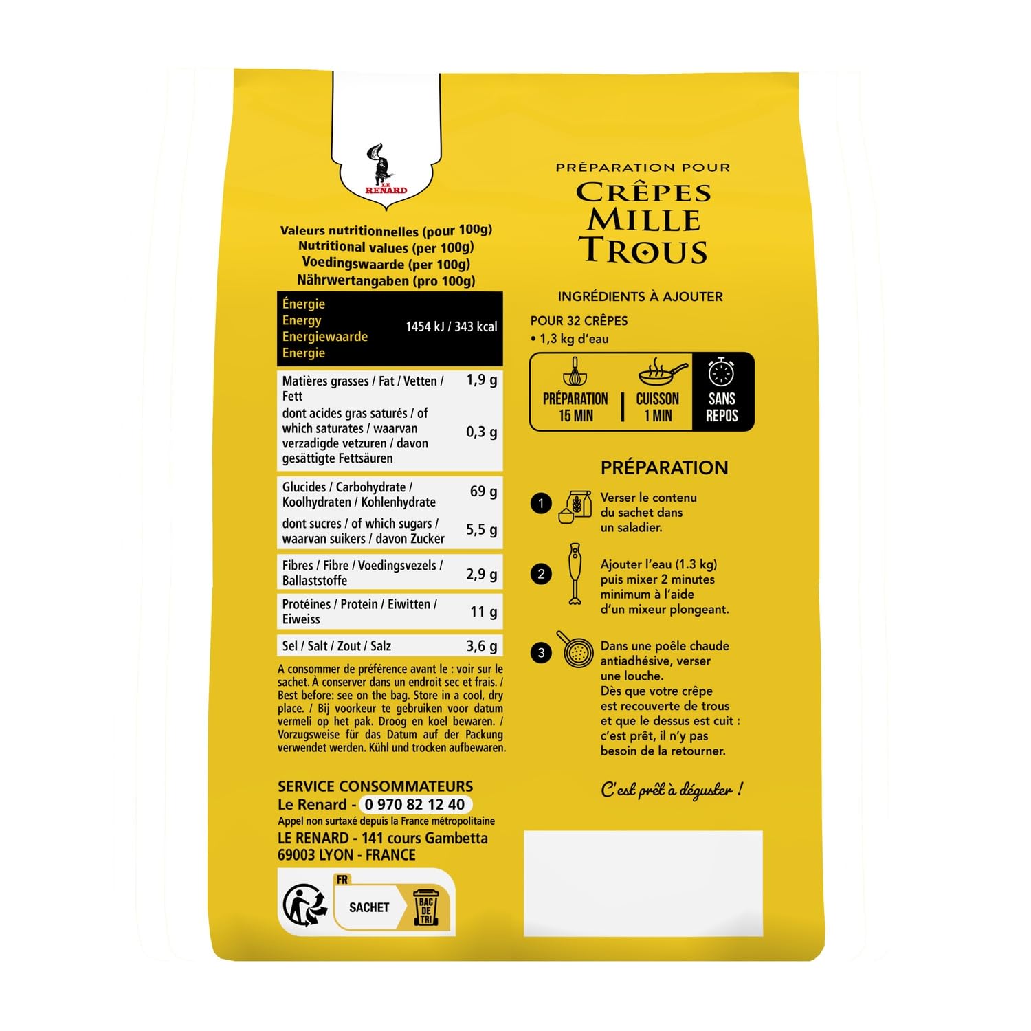 Gagnez du temps en cuisine avec la préparation Crêpes Mille Trous LE RENARD, mélange prêt à l'emploi pour 32 crêpes, format familial 800g - Lot de 3