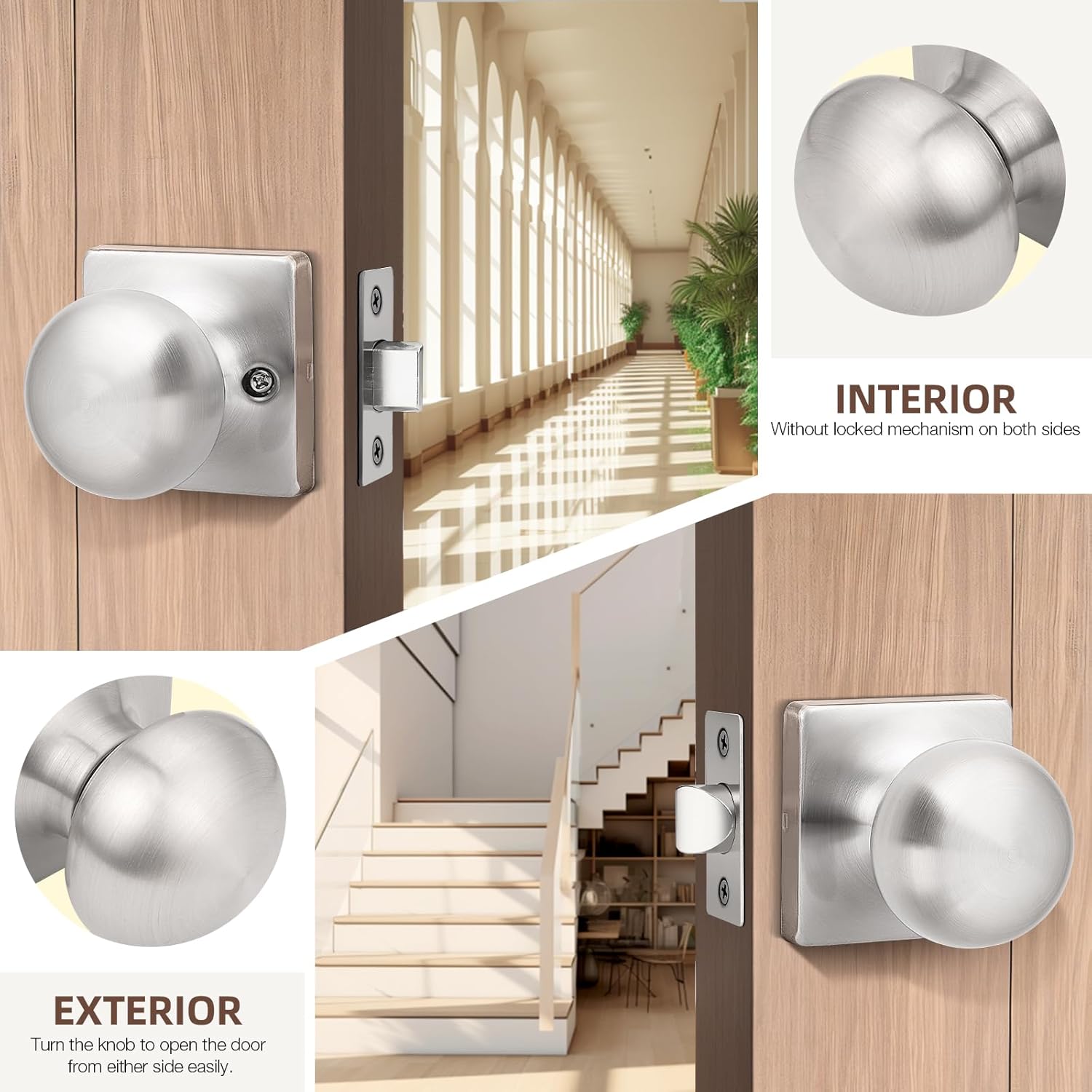GOBEKOR Passage Door Knob Brushed Nickel Closet Door Knobs Interior Square Keyless Stain Steel Passage Knobs Hardware, 6 Pack