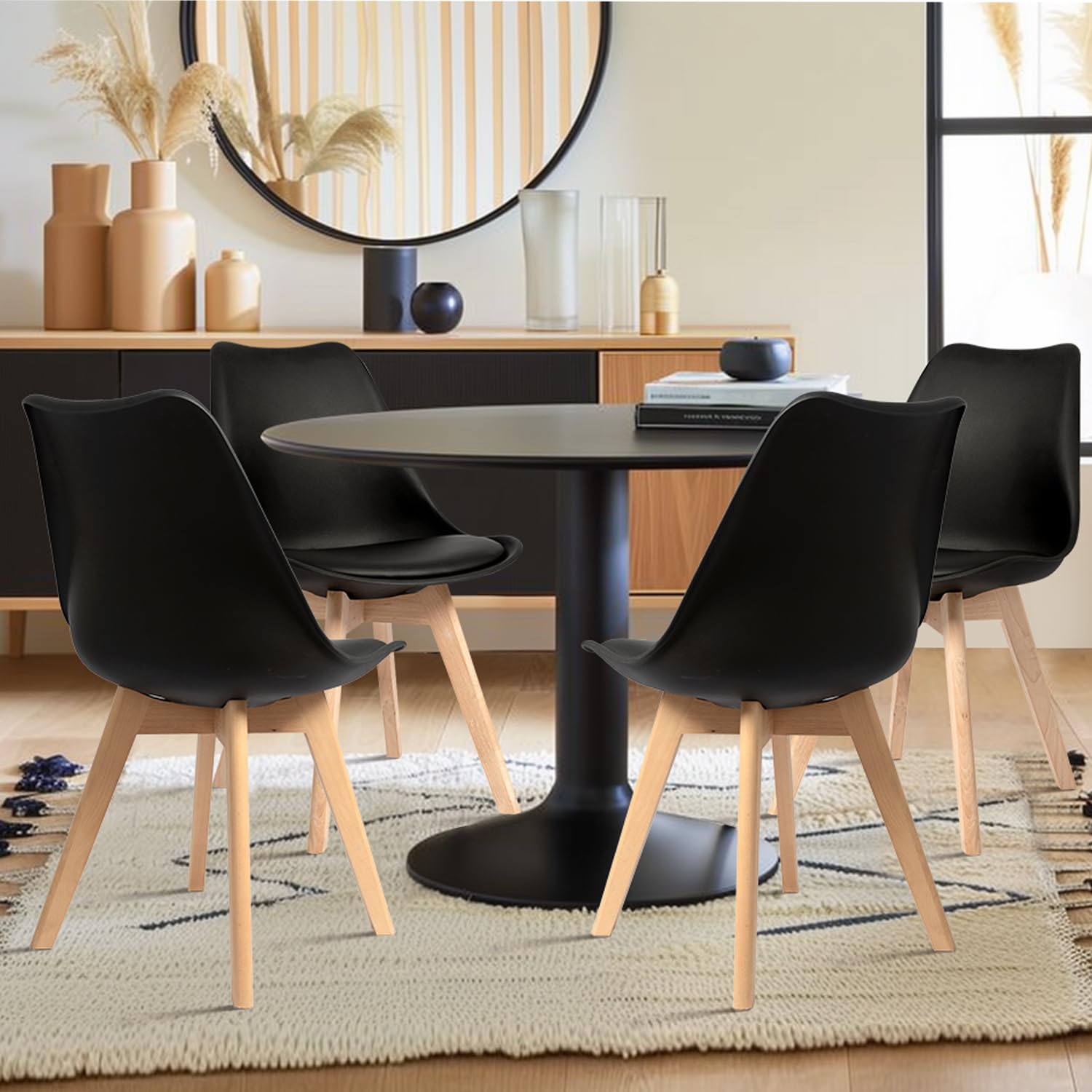 CangLong Set di 4 sedie da ufficio con gambe in legno massiccio di faggio, sedie imbottite dal design retrò del Mid Century per la cucina, la sala da pranzo e il soggiorno, nero