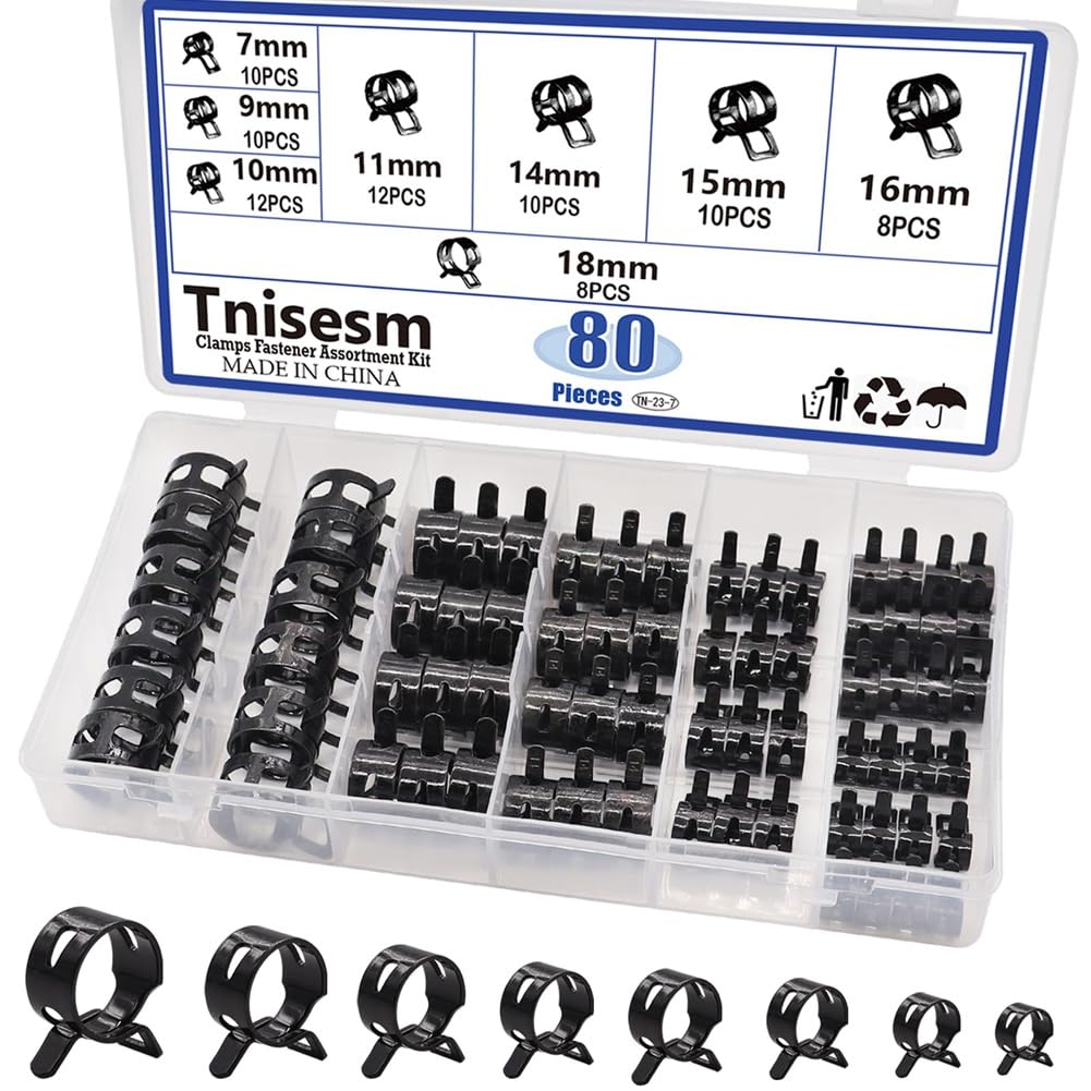 Littimoon 80Pcs Spring Band Hose Clamps Assortment Kit for Silicone Vacuum Hoses 7Mm to 18Mm Pipe Clamp Set