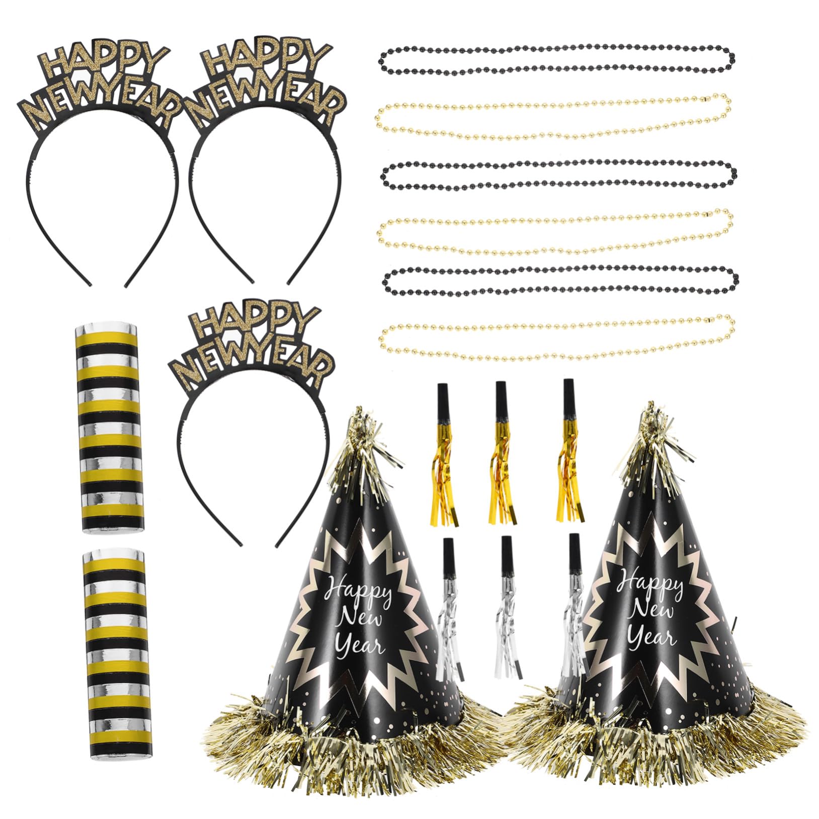 Alipis Kit de Decoración para Fiesta de Año Conjunto de Sombreros Cónicos Diademas Collares de Cuentas y Sopladores Accesorios Festivos Negro y Dorado para Celebraciones Interiores y