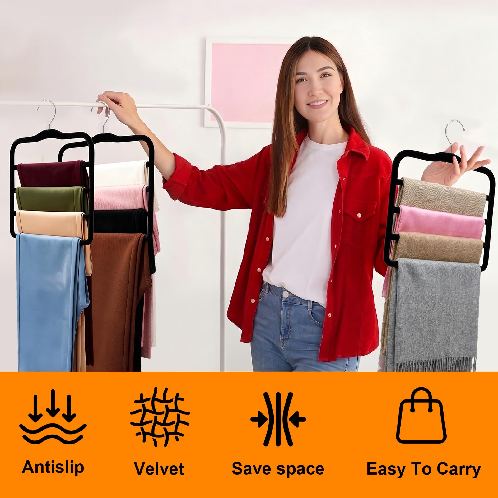 Perchas de terciopelo de 4 niveles, paquete de 2 organizadores de armario multicapa resistentes y almacenamiento, perchas negras que ahorran espacio para jeans, leggings, bufandas, faldas