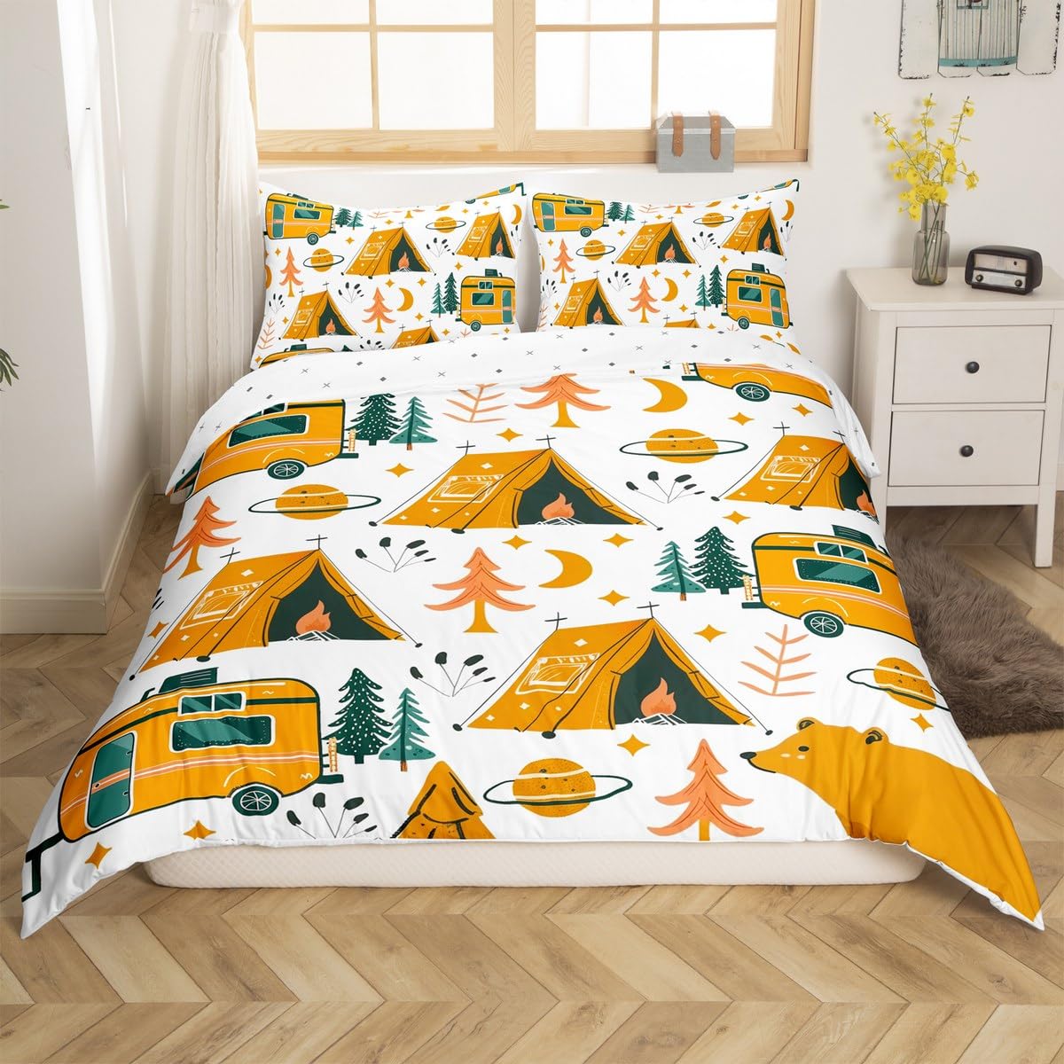 Homewish RV Camper King poszewka na kołdrę, namiot kempingowy, zestaw pościeli do przyczepy podróżnej, zestaw pościeli z niedźwiedziem leśnym dla dzieci, dziewcząt, chłopców, księżyc i gwiazdy
