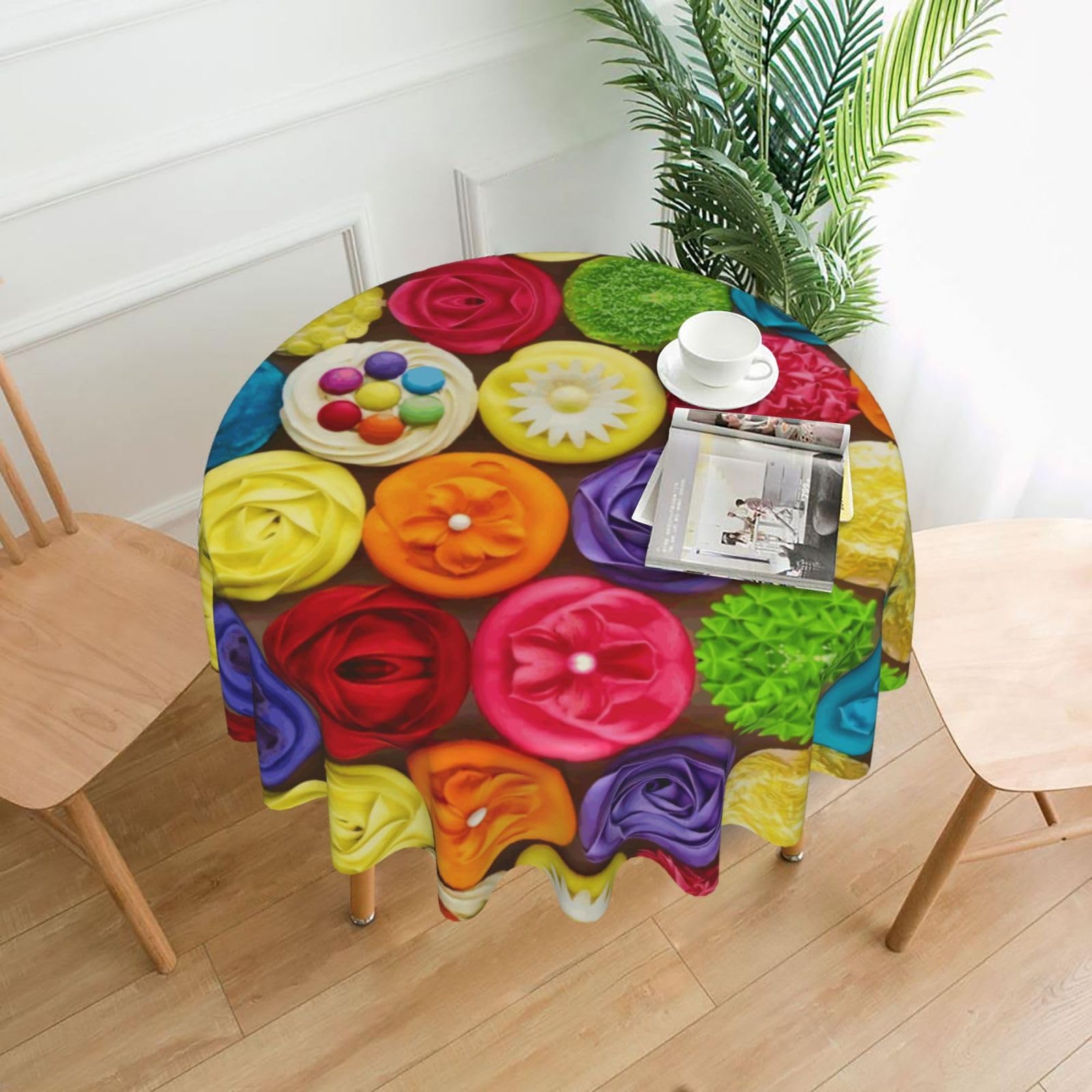 YYHWHJDE Colorful Cupcakes Rainbow Flower Cake Prints Round Decorative Tablecloth 60in – Elevate Your Dining Space with this Elegant Throw for Everyday Charm & Special Occasions