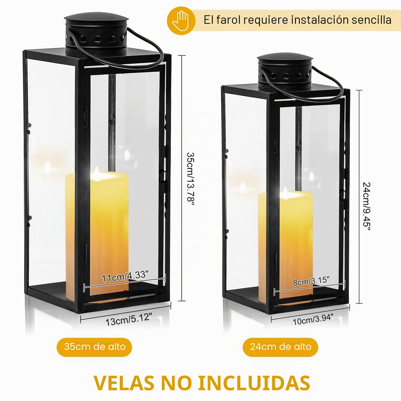 2 Unidades Faroles Decorativos Farol para Velas, 24 + 35 cm de Alto, Farol de Jardín de Metal para Exterior, Decoración para el Día de Navidad - Negro