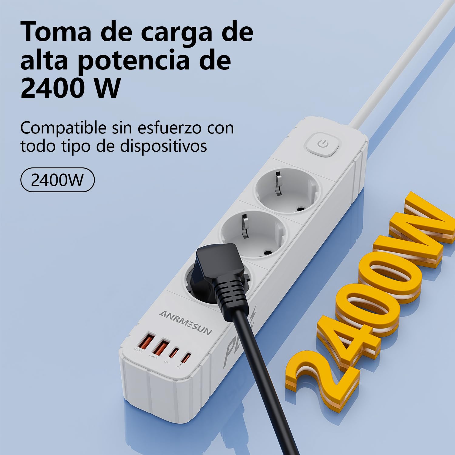 Regletas Enchufes con 3 Tomas y Interruptor, Enchufe Múltiple de Carga 2 USB A y 2 USB C (PD 20W), Protección Sobretensión, Cable 1.9m, Ideal para Viajes y Hogar — view 3