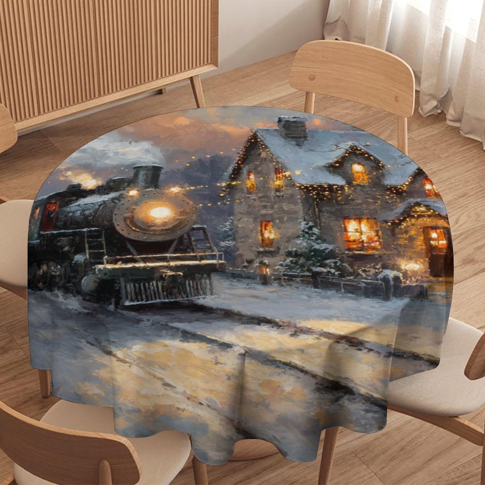 LUYYSKY Fantasy Vintage Antique Train Waterproof Round Tablecloth Modern Realistic Christmas Sunset Snowy Landscape Steam Train Washable Table Cover for Kitchen-152.4" Wx152.4 L cm