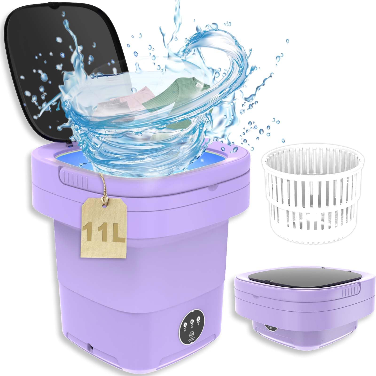 Portable Washing Machine, 11L Mini Foldable Washer with Drain Basket Washer, 2 in 1 Intelligent Laundry Machine for Baby Clothes, Underwear Purple
