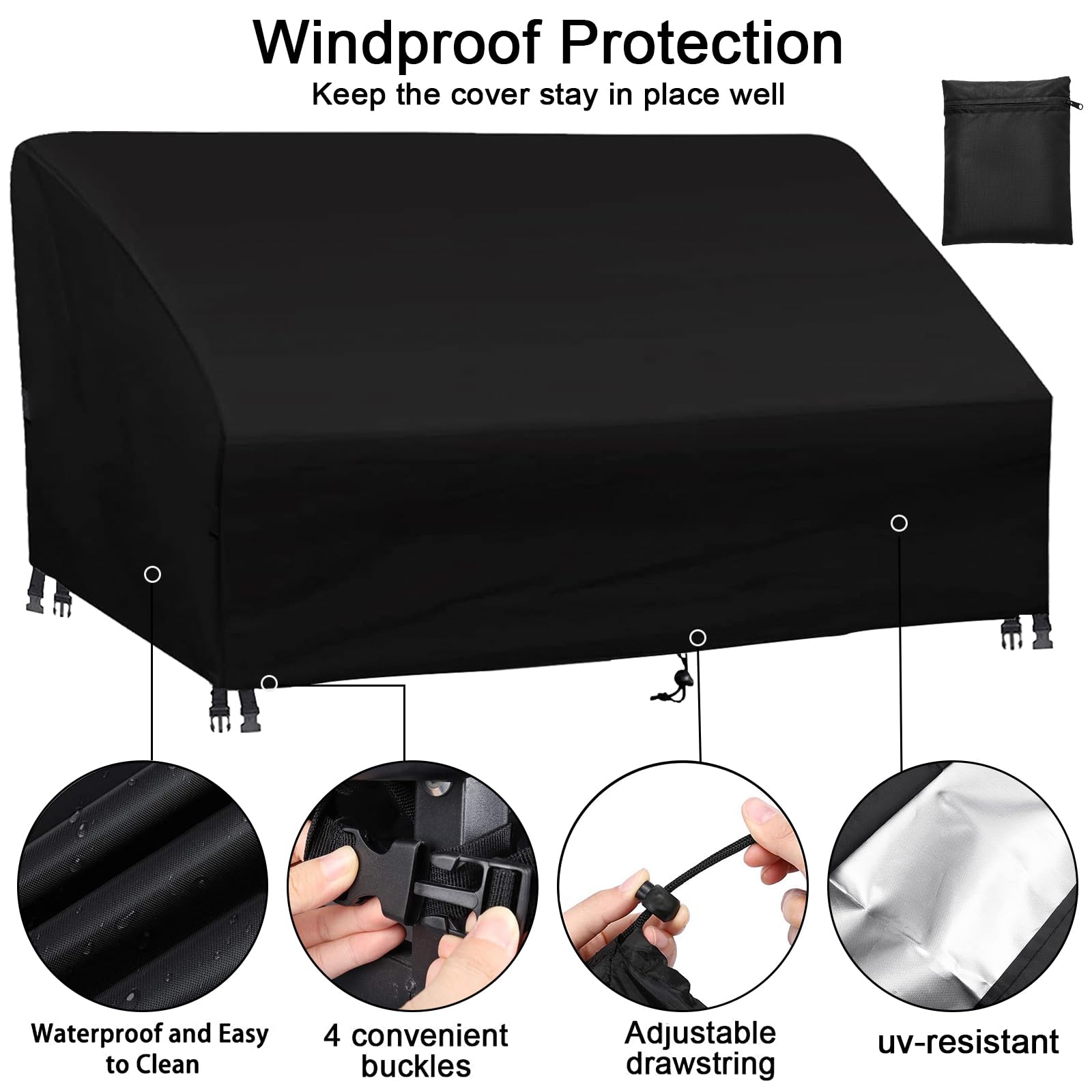 Gartensofa Schutzhülle Wasserdicht UV-beständig, Silberbeschichteter 420D Oxford Gartenmöbel Abdeckung Gartenbank Abdeckung (3-4 Sitzer, Schwarz, 200×93×88/64 cm)
