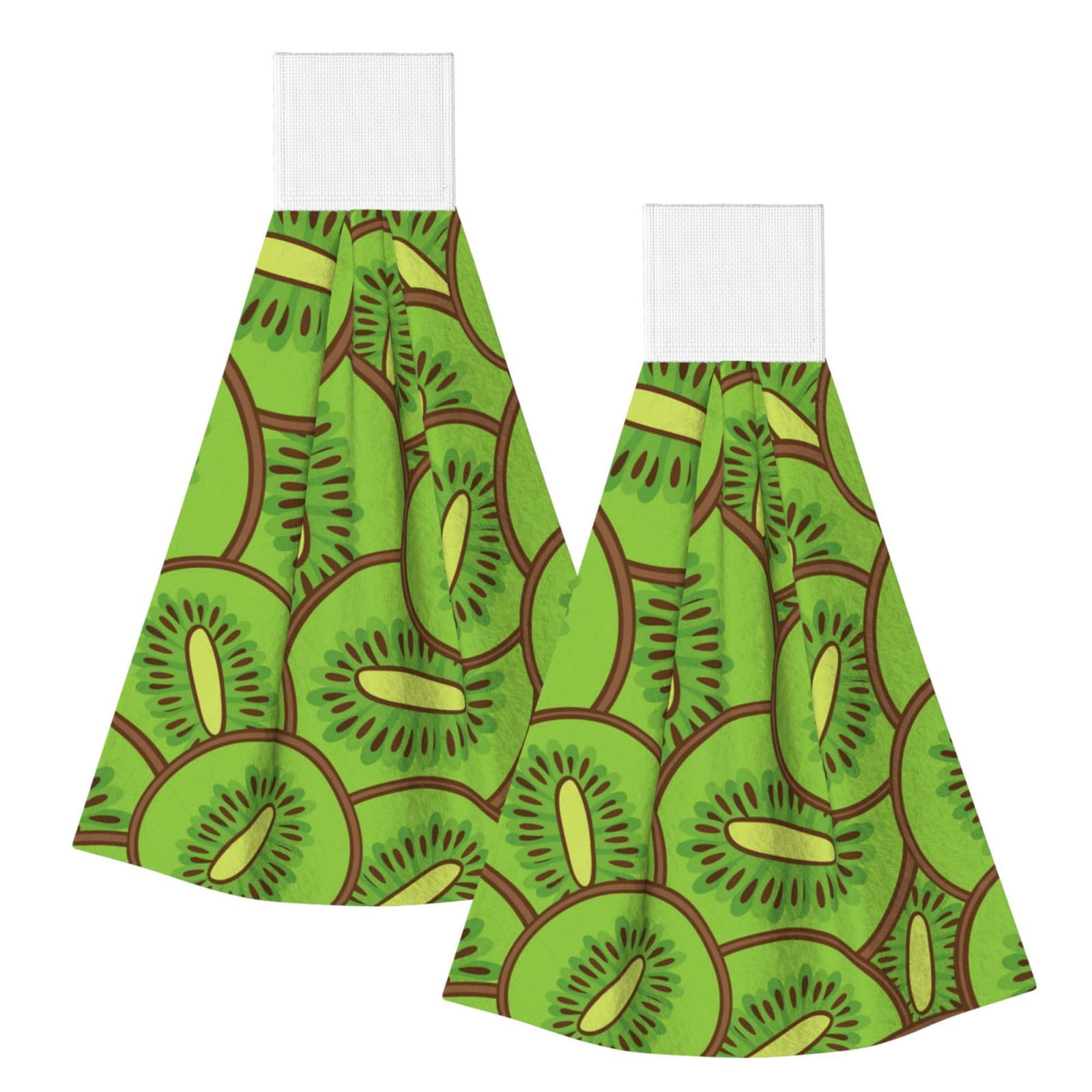 DOPKLNA Green Kiwi Pattern, 2 Pcs Hanging Coral Fiber Hand Towels for Bathroom, Absorbent Kitchen Towels