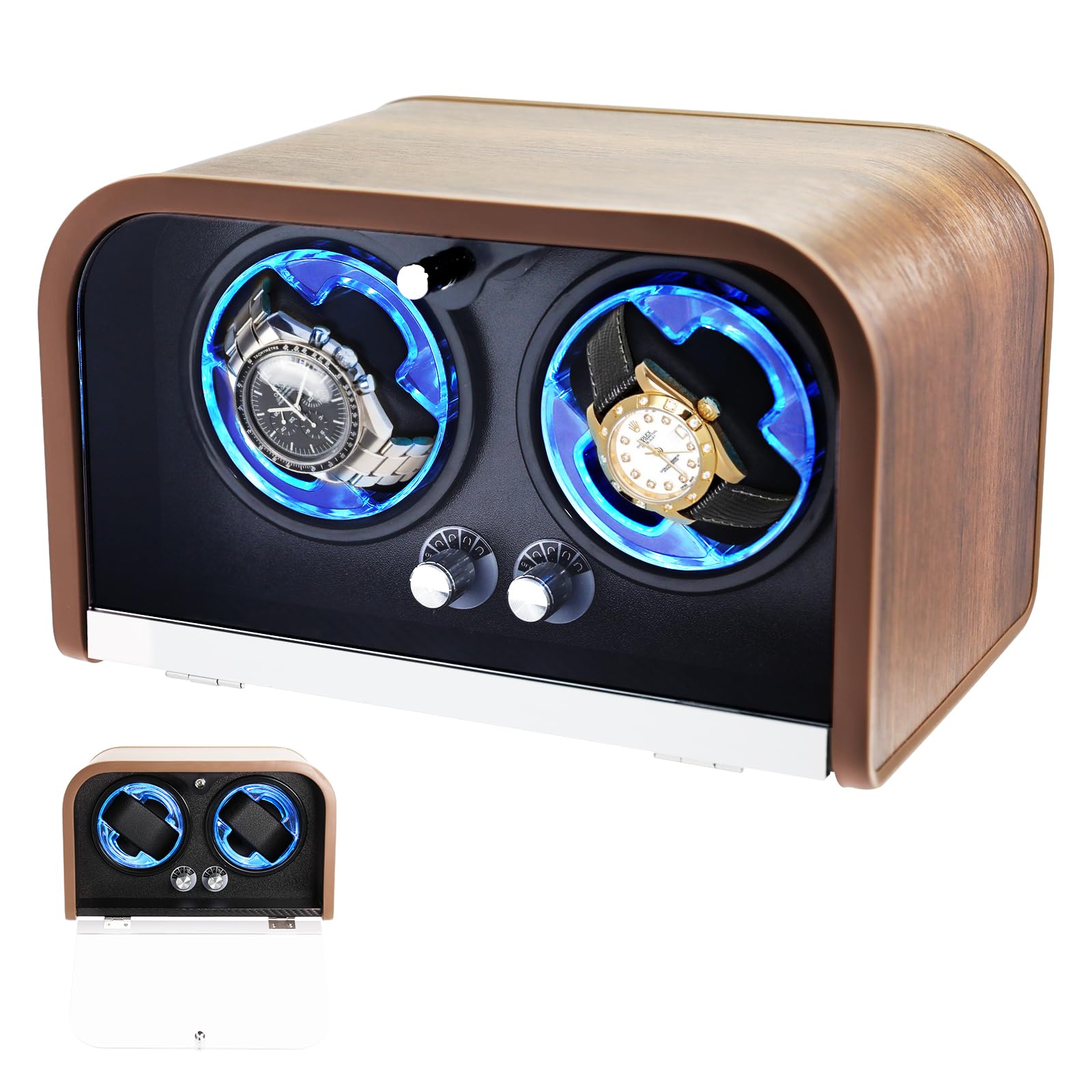 Remontoir Automatique pour Deux Montres Automatiques – 4 Modes de Rotation | Technologie Smart Stop, Écran LED Bleu, Mousse à Mémoire de Forme et Coffret en Bois pour Montres Automatiques de Luxe
