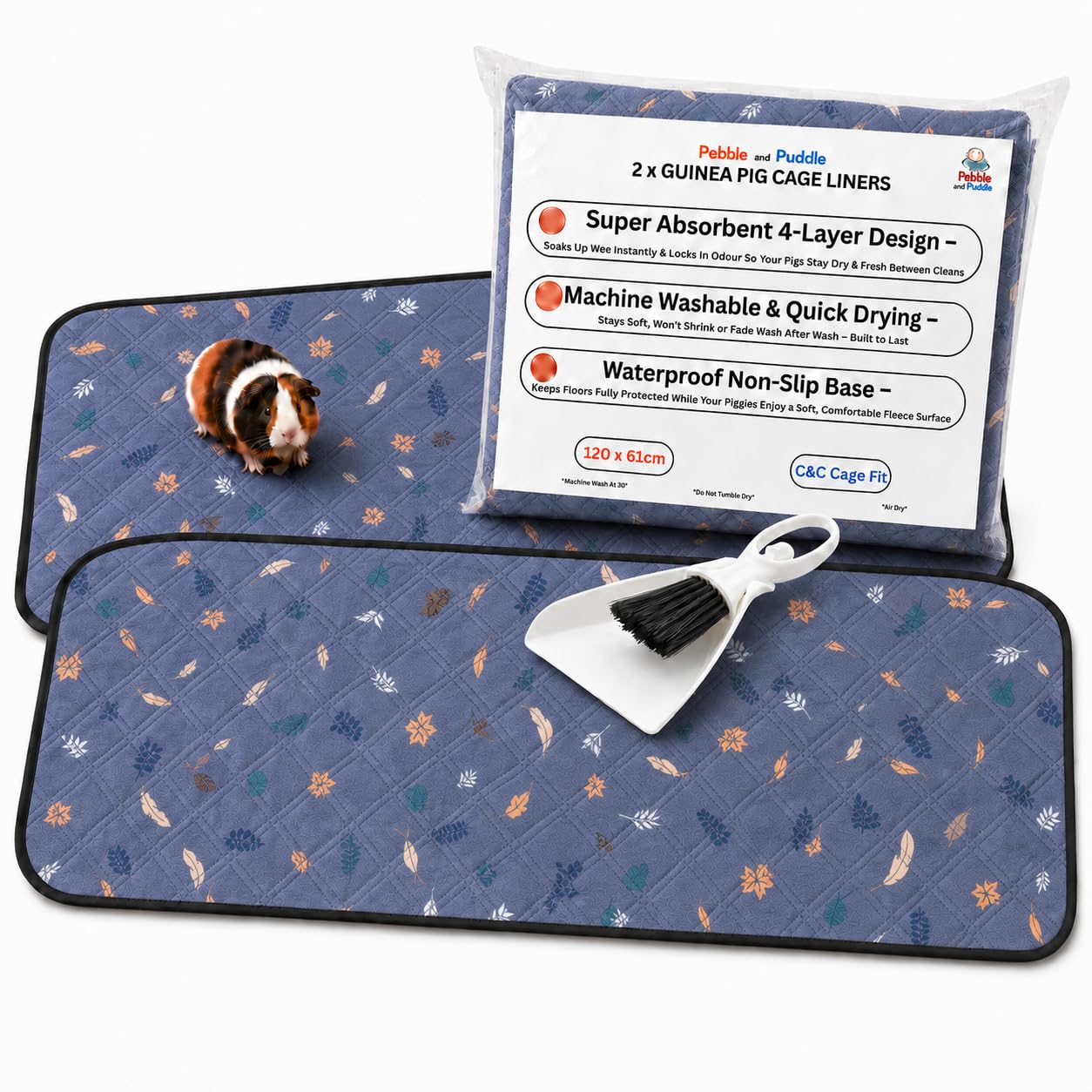 Pebble And Puddle Soft Grey With Leaf And Feather Design Pebble & Puddle Guinea Pig Cage Liners 61X120cm (2-Pack)–Waterproof & Machine Washable Reusable Cage Liners With Absorbent Core. Includes Cleaning Brush & Dustpan (Soft Grey With Leaf And Feather)