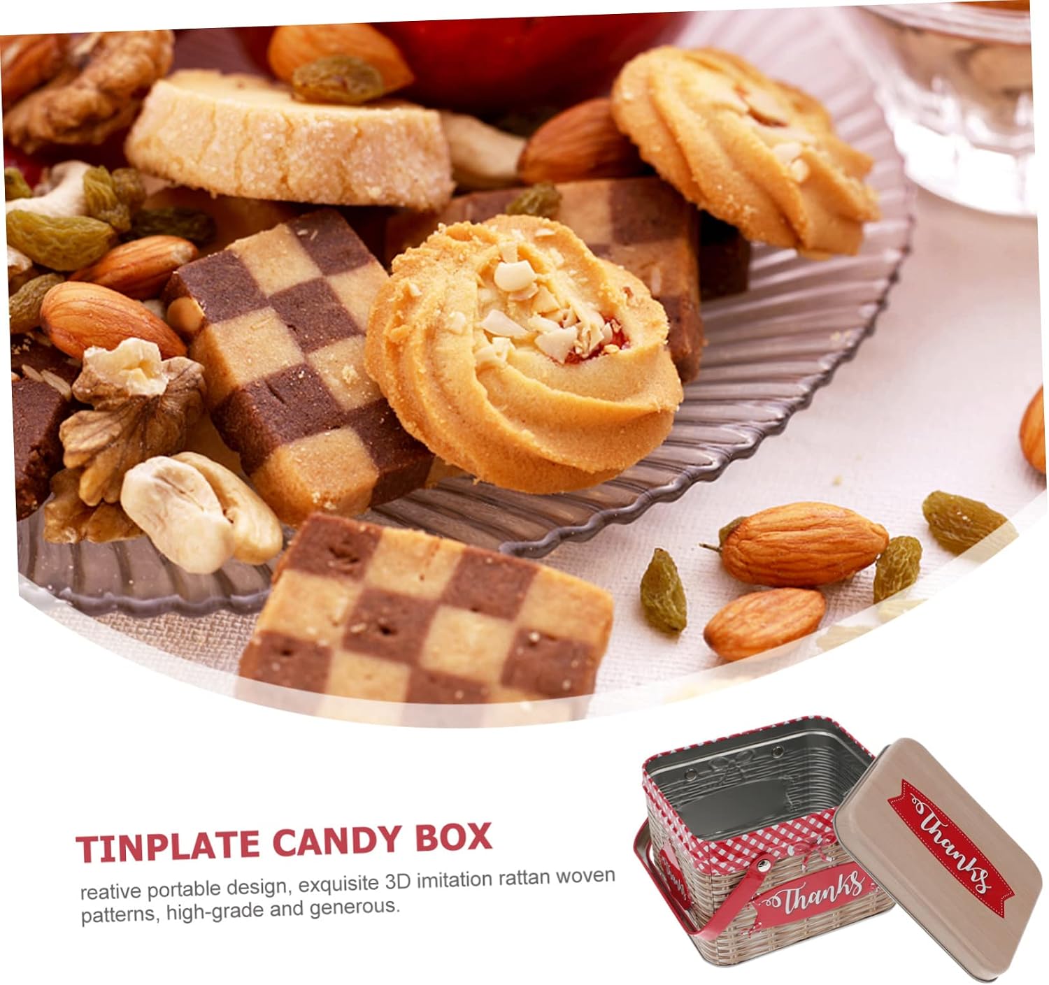 Ciieeo Creative Tinplate Candy Box with Handle Large Cookie Jar with Imitation Rattan Design Recyclable Party Food and Decorative Gift Storage Container Red