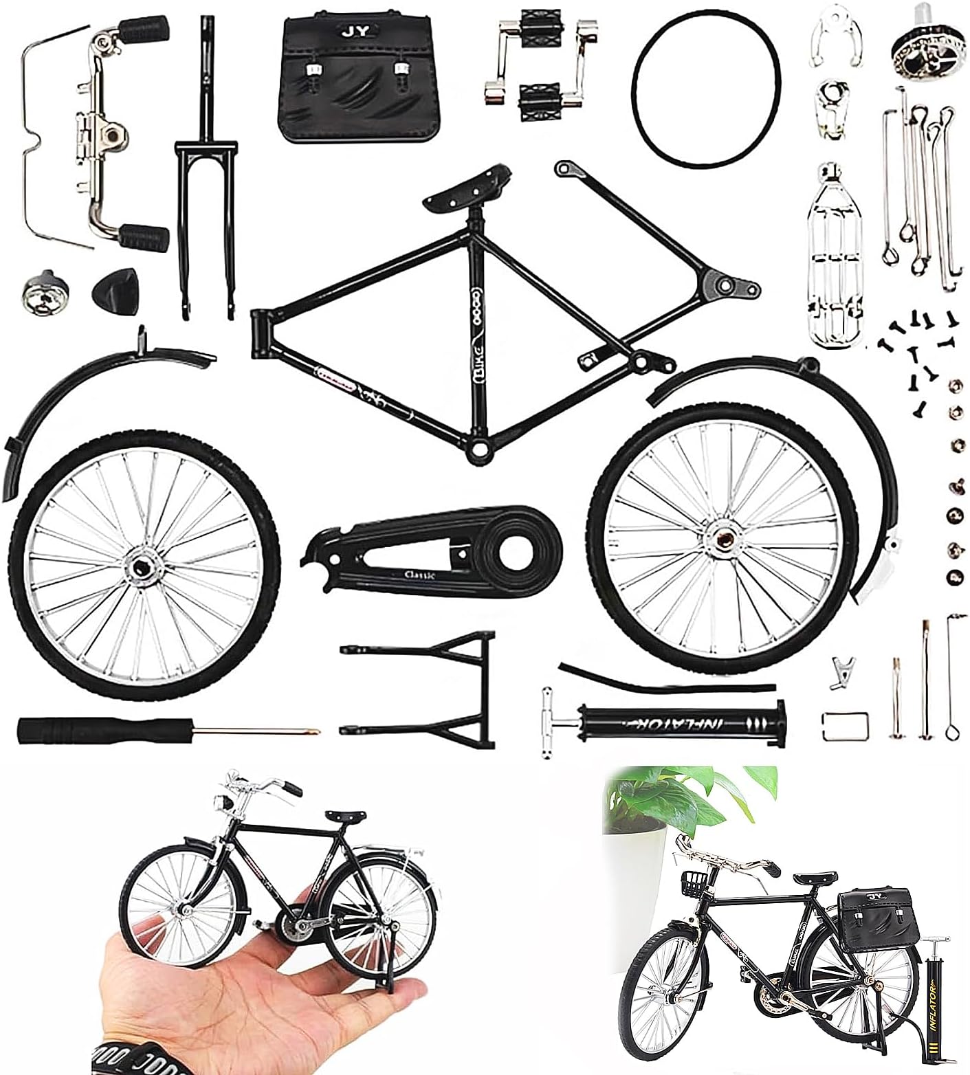 DIY Bicycle Model Scale kit,51Pcs 1:10 Simulation Mini Retro Bicycle Model Ornament for Hand Assembly with Inflator & Briefcase,DIY Supplies for Children,Kids,Parents to Play Together (Black)