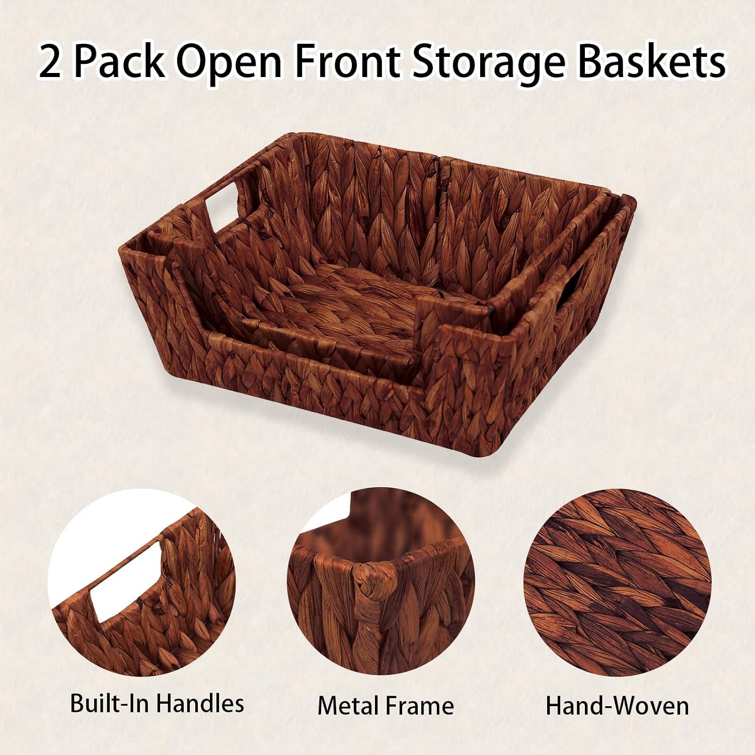 Wicker Basket for Pantry, Open Front Storage Baskets with Built-in Handles,Water Hyacinth Bins for Shelves, Brown, 2-Pack