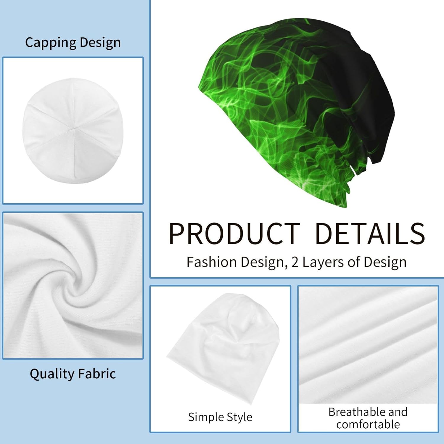 Cool Green Black Fire Beanie Hat Slouchy Cap Warm Cancer Headwear Stretch Knitted Hats For Women Men - Image 4