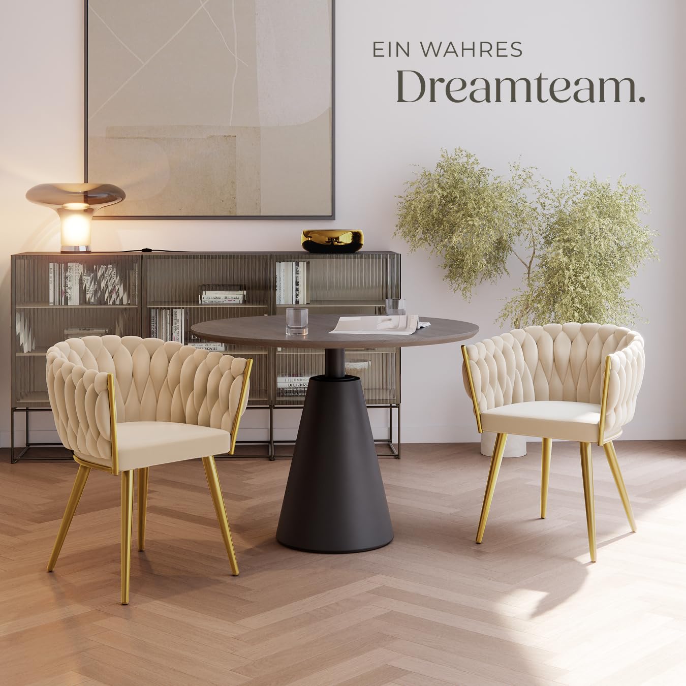 tectake® Samt Stuhl, Schalenstuhl mit Armlehne in Knoten Optik, Esszimmerstühle, Sessel modern für Wohnzimmer, Esszimmer, als Küchenstühle, für Schminktisch, Dining Chair Set - Sand/Gold, 2er Set