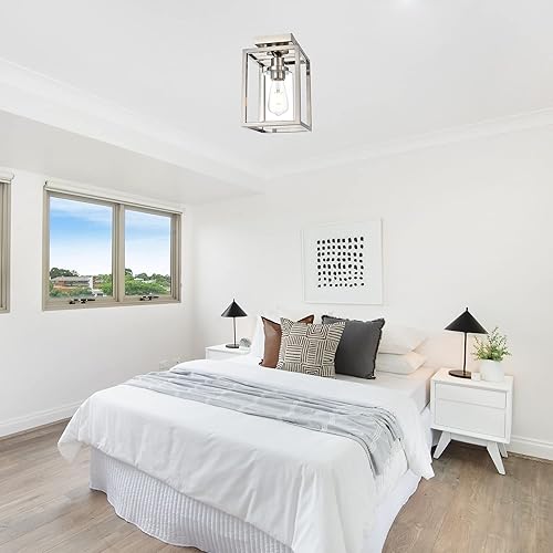 Miniatura 4 de MELUCEE Lámpara de techo semiempotrada con acabado de níquel cepillado, 1 luz industrial de isla geométrica, jaula de metal, lámpara de techo para