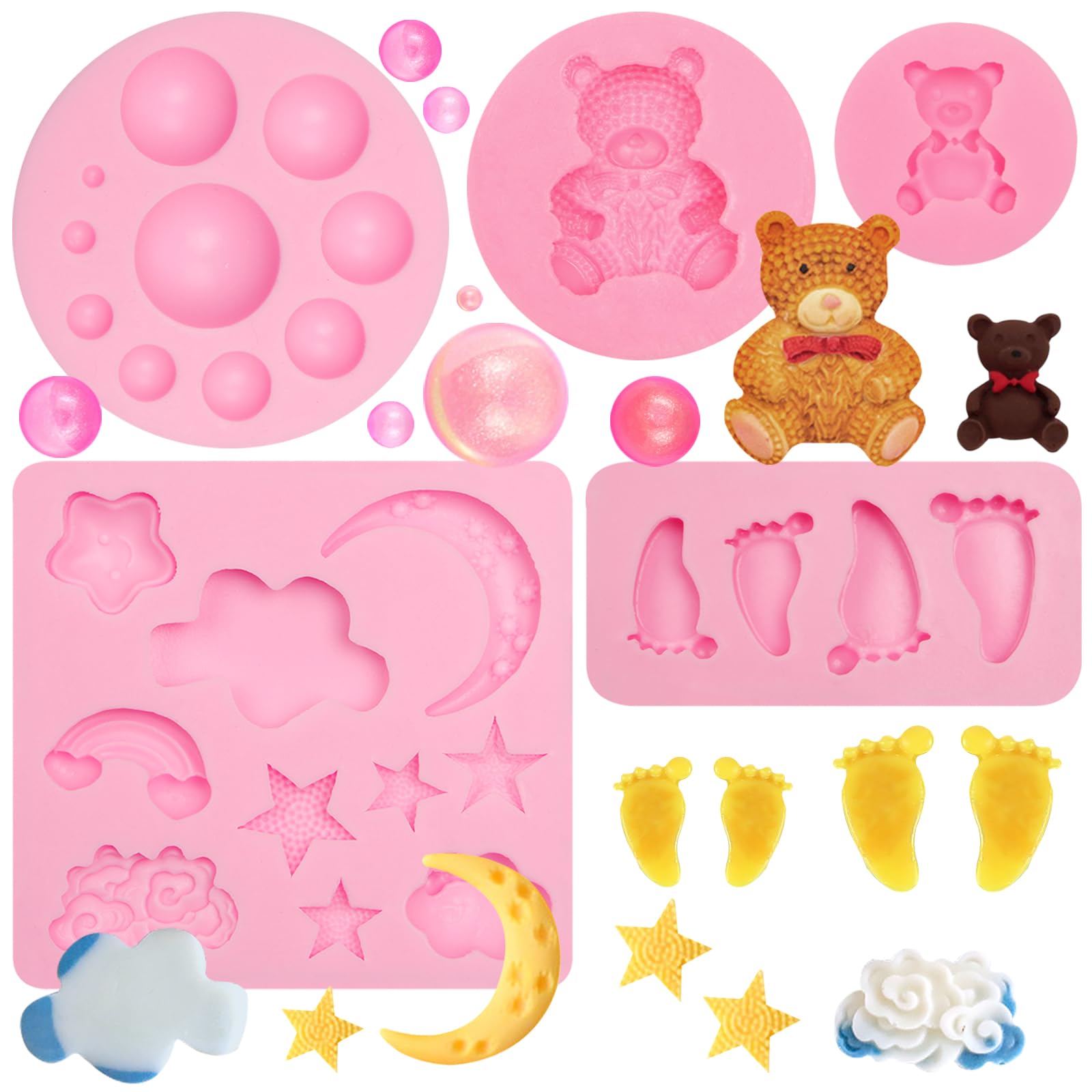 Moldes de silicona para fondant de oso, 5 unidades, molde de chocolate con forma de nubes de estrella y luna para baby shower, molde de cuentas para decoración de pasteles, caramelos, cupcakes