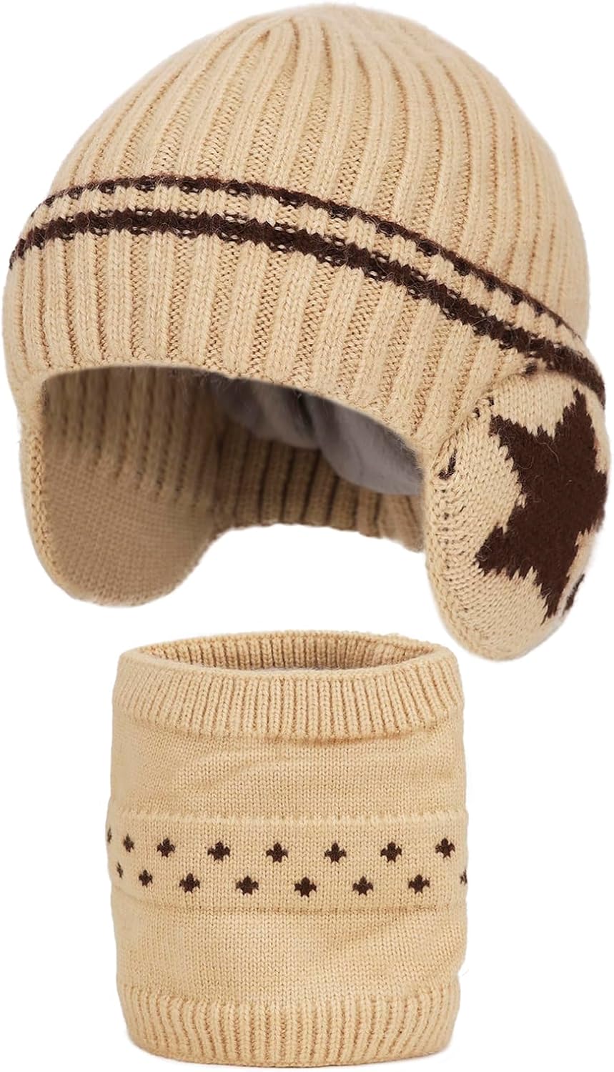Kids Winter Beanie Hat Scarf Set Soft Warm Knitted Skull Cap with Ear Flaps Thick Fleece Lined Neck Warmer for Boys Girls