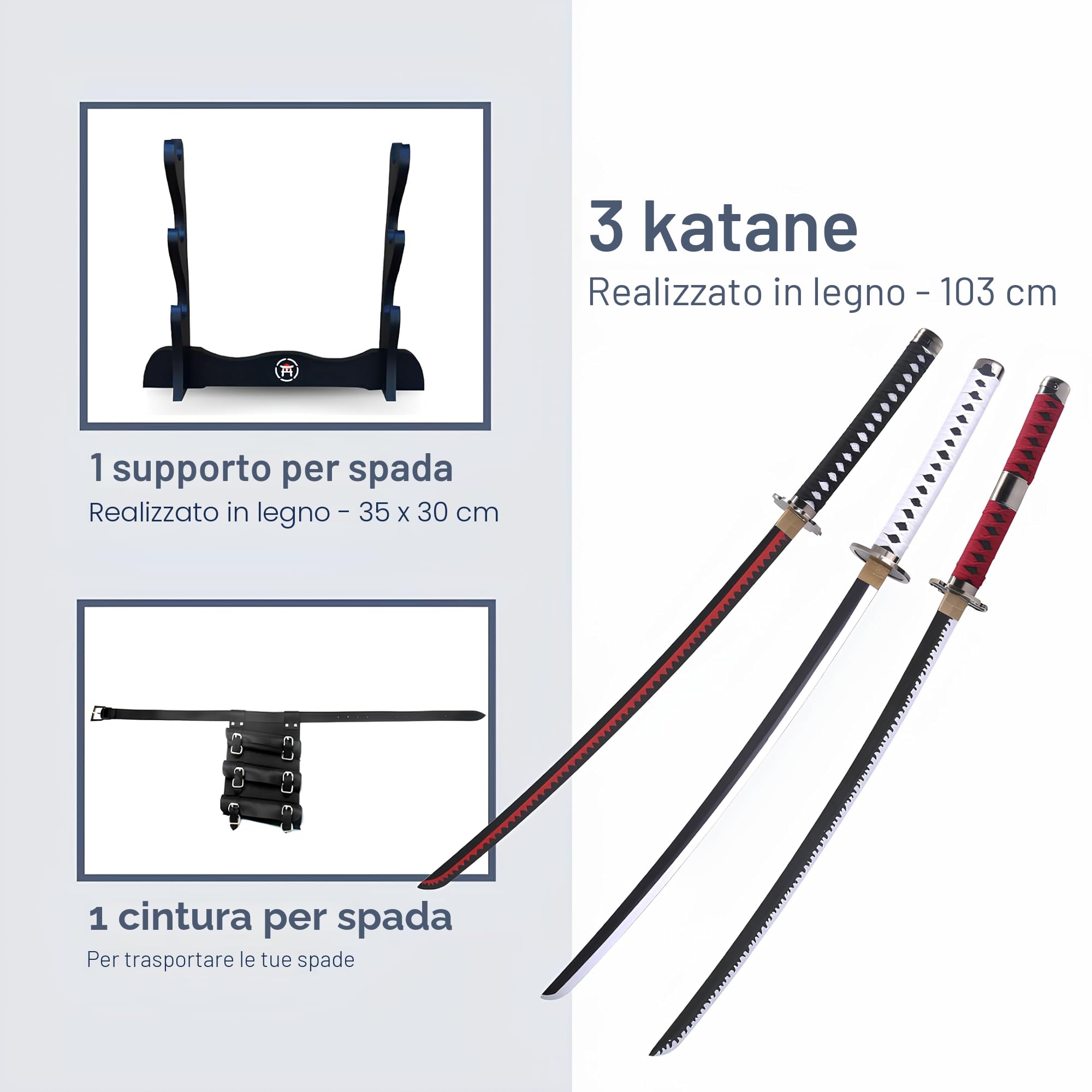 Tripla Katana One Piece - Roronoa Zoro Shusui Wado Kitetsu - Tre replica Manga Sciabola + supporto per spada in legno + tripla cintura, SH-511-7WDL
