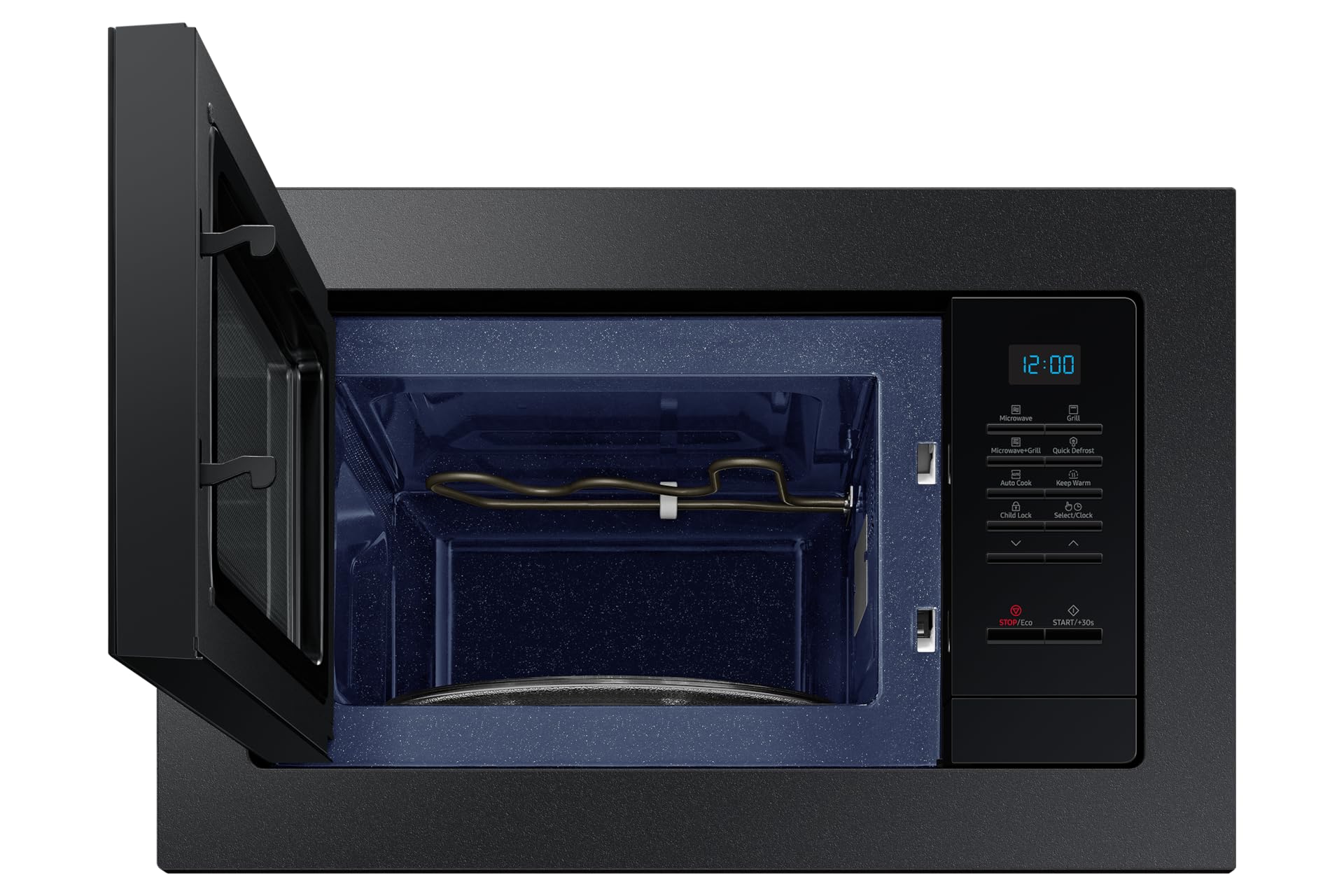 Samsung MG20A7013CB/EG - Microonde da incasso con grill, 850 W, 20 l, piccolo forno a microonde per nicchie da 28 cm, con telaio da incasso, piastra Crusty Plate, interno smaltato antigraffio, colore