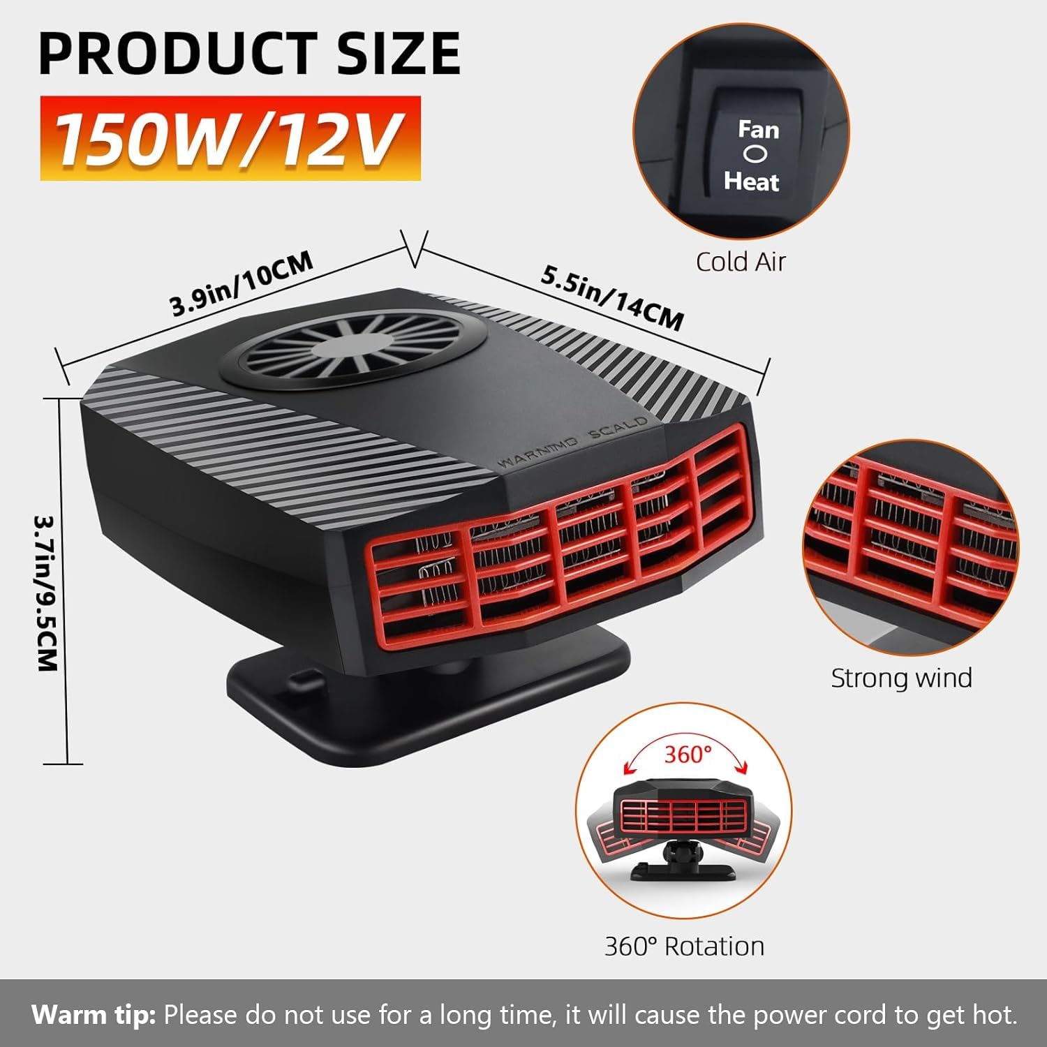 COMBLU Auto Heizung 150W 12V - 2-in-1 Heizen & Lüften Mit 360° Drehung