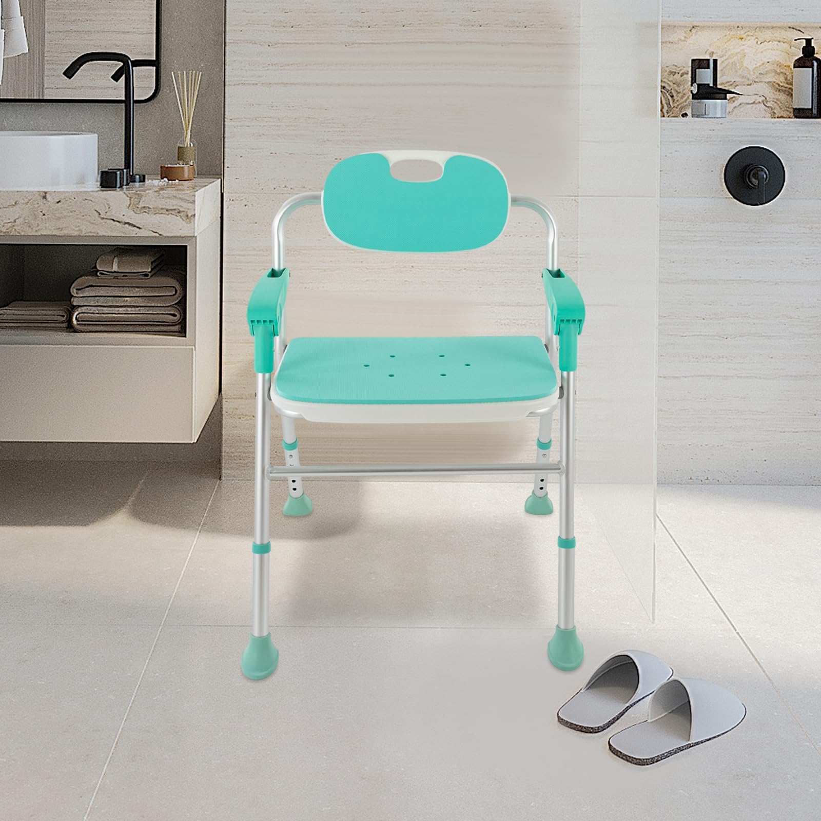 Silla de ducha con reposabrazos, asiento de ducha plegable, silla de baño plegable, silla de ducha para personas mayores, silla de ducha con reposabrazos y respaldo, pies antideslizantes, reposabrazos