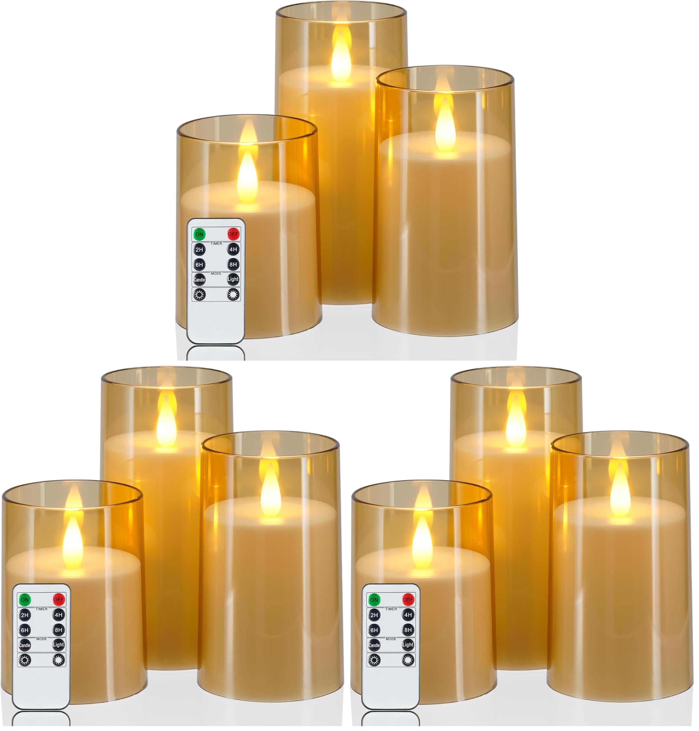 Homemory Realistic Flickering Flameless Candles, Battery Operated Candles with Remote Control and Timer, LED Fake Electric Candle for Home, Christmas Decoration, Gold, Set of 3 (Pack of 3)