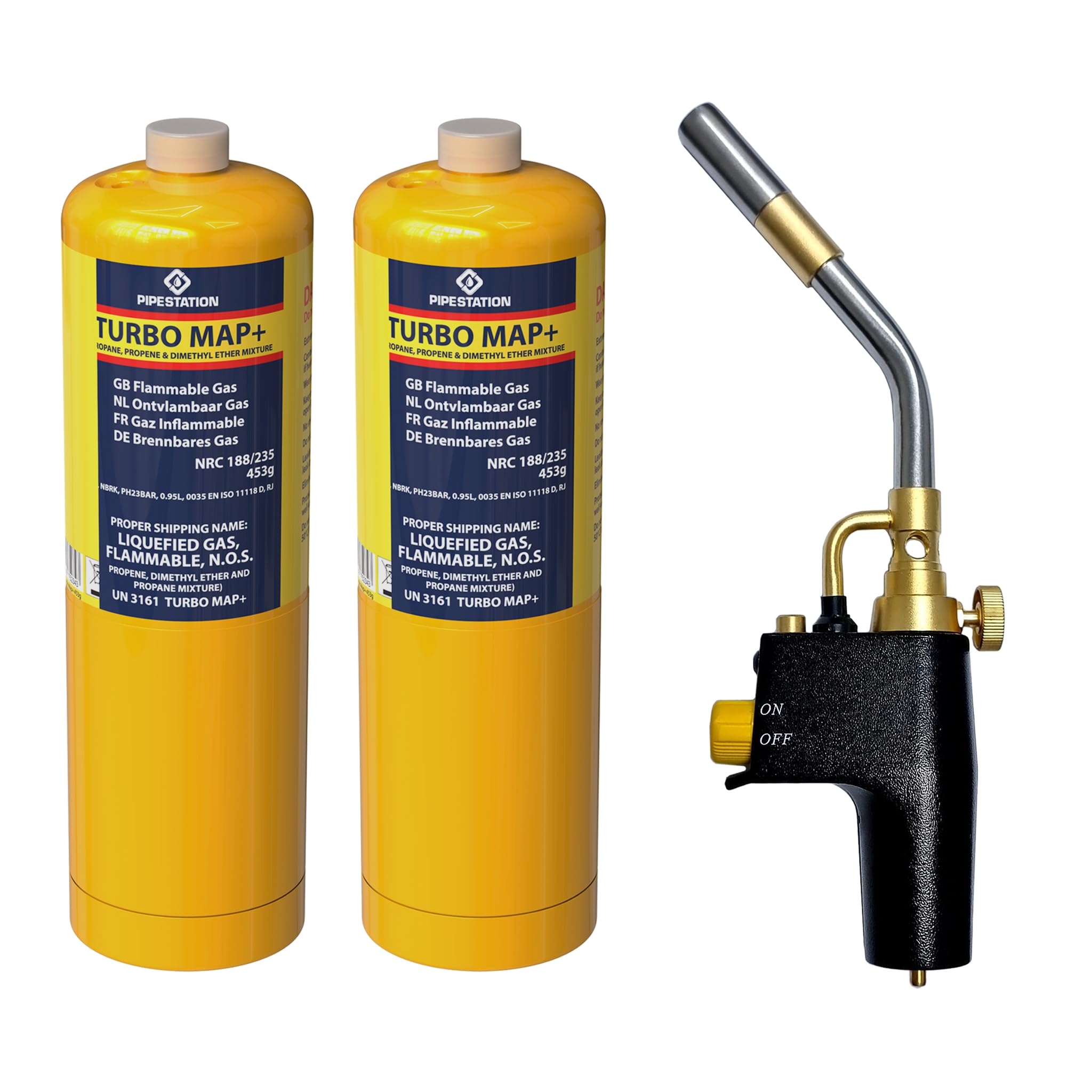 Pipestation Mapp Gas Canister | Map Plus Bottle Cylinder for Propane Blow Torch Plumbing Blowtorch Cartridge (Total Fire + 2X Cylinders) (Gas Kit)