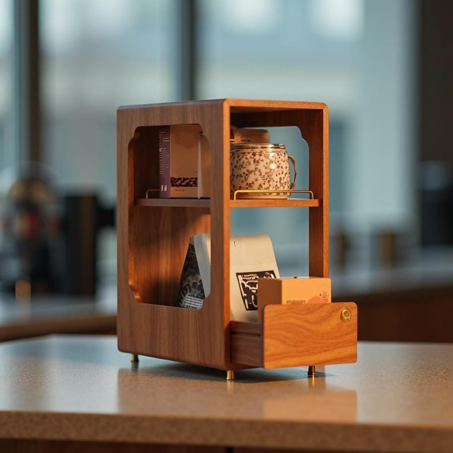 coffee station organizer wood coffee bar organizer with drawer countertop 2 tier wood shelf storage accessories for home kitchen double-layer storage