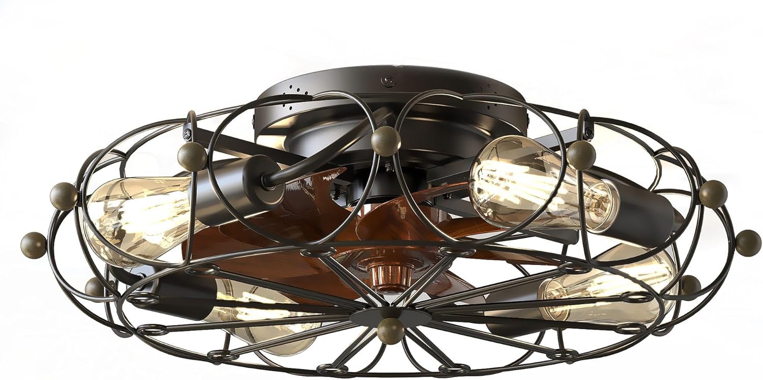 HomeLava 19.7 inch Iron Cage Ceiling Fans with Lights, Flush Mount Ceiling Fan Lights with Remote Control, 6 Speed Farmhouse Fan Lights for Kitchen(Bulbs not Included)