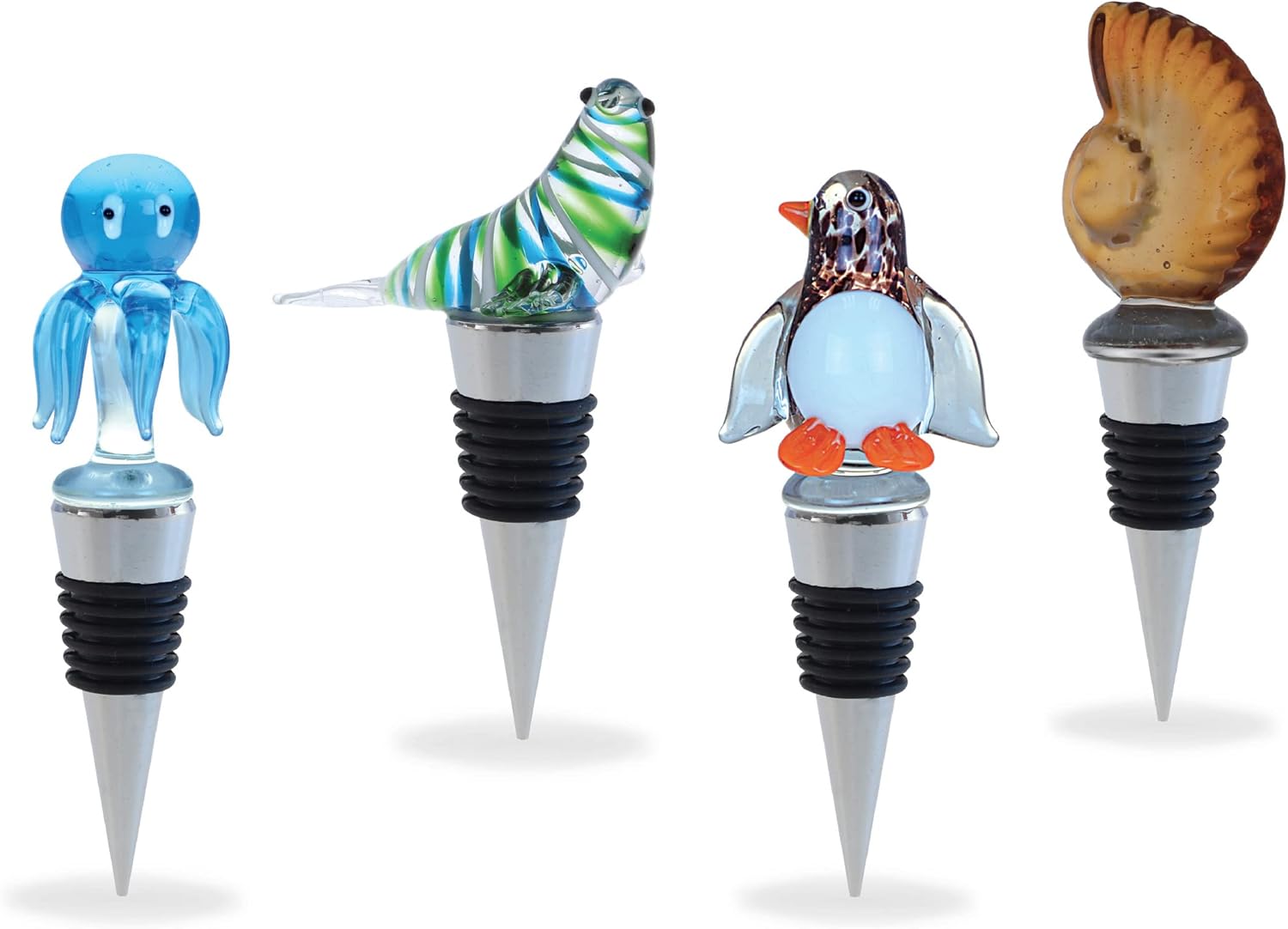 Cheers Nautilus Sea Shell, Seal, Penguin, Octopus Glass Wine Stopper Set of 4 – Elegant Vacuum Seal Reusable Wine Bottle Stoppers – Airtight Leak Proof Bottle Topper Cork Plug Bar Tool Accessory
