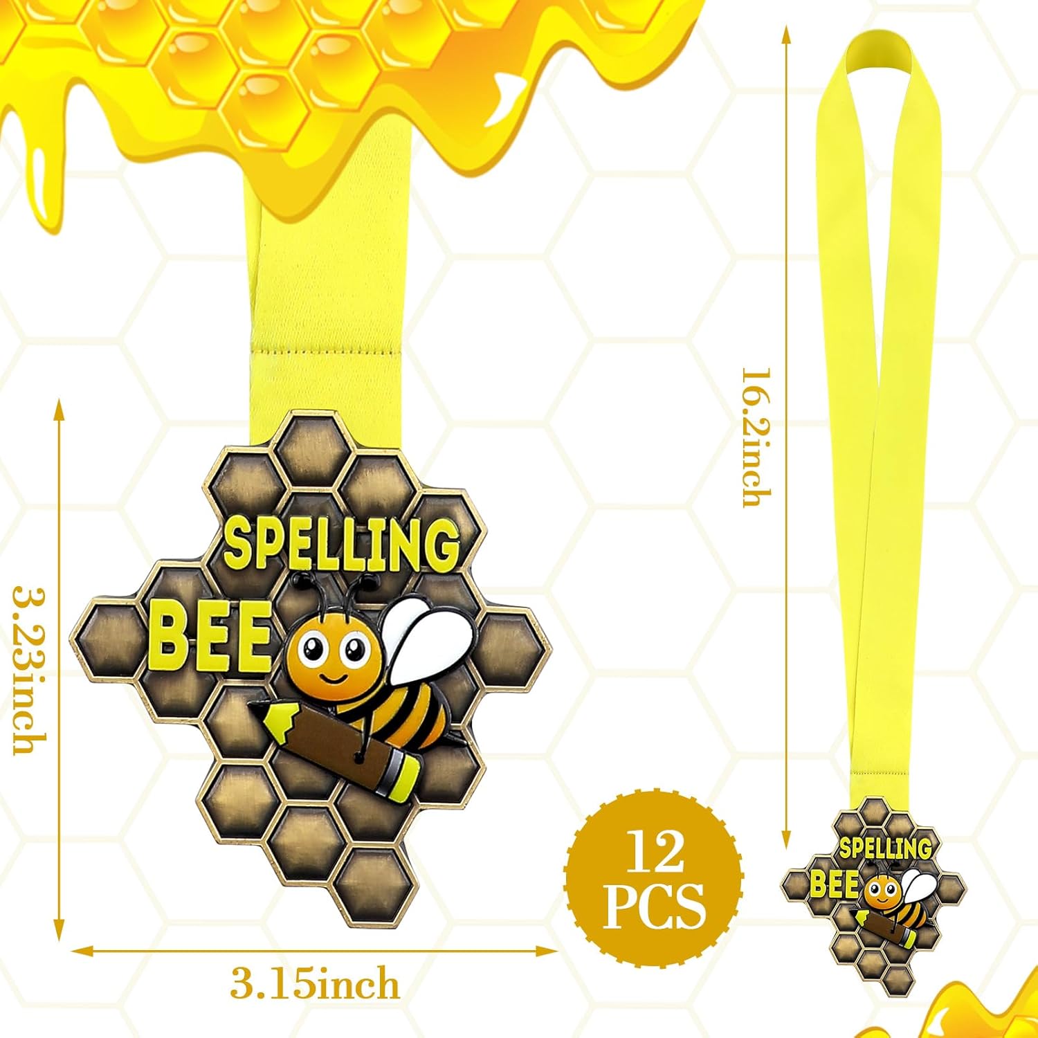 Zonon 12 Pcs Spelling Bee Medals Bulk Honeycomb Spelling Bee Award Medals with Neck Ribbon 3.23 x 3.15 Inches Spell Trophy for Back to School Competitions Party Supplies Winner Gifts