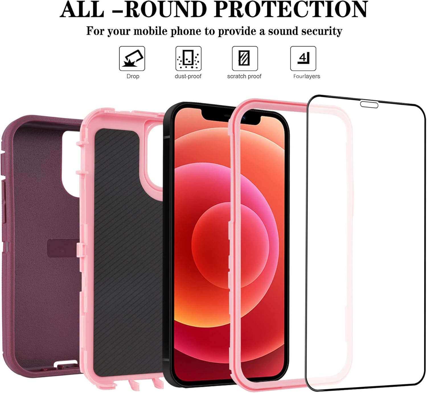 for iPhone 12/for iPhone 12 Pro Case 6.1" with 2 Screen Protector,Full Body Rugged Heavy Duty Military Grade Cover,Shockproof/Drop Proof Protection Phone Case (Wine Red Pink) - Image 3