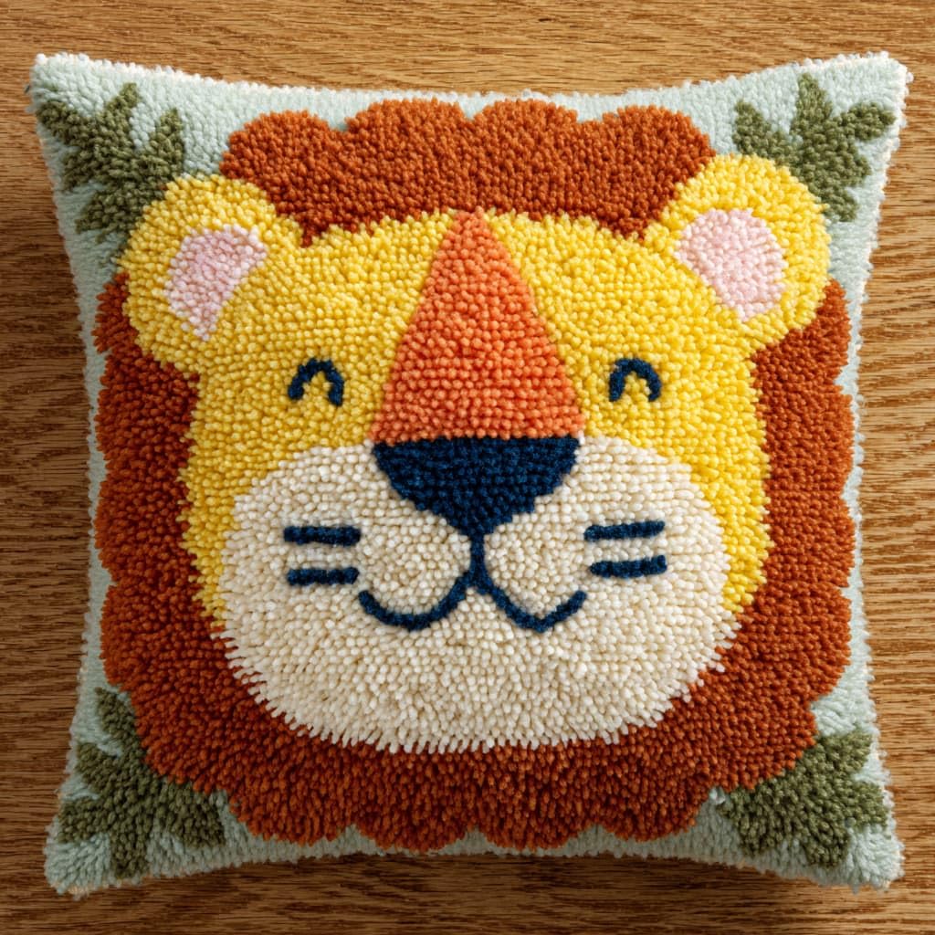 Taxpy DIY Latch Hook Kits, Animal Lion Needlework Pillow Cover 43x43cm DIY Hooks Knitted Embroidered Carpet Pillow Embroidery Latch Hook Carpet Kit