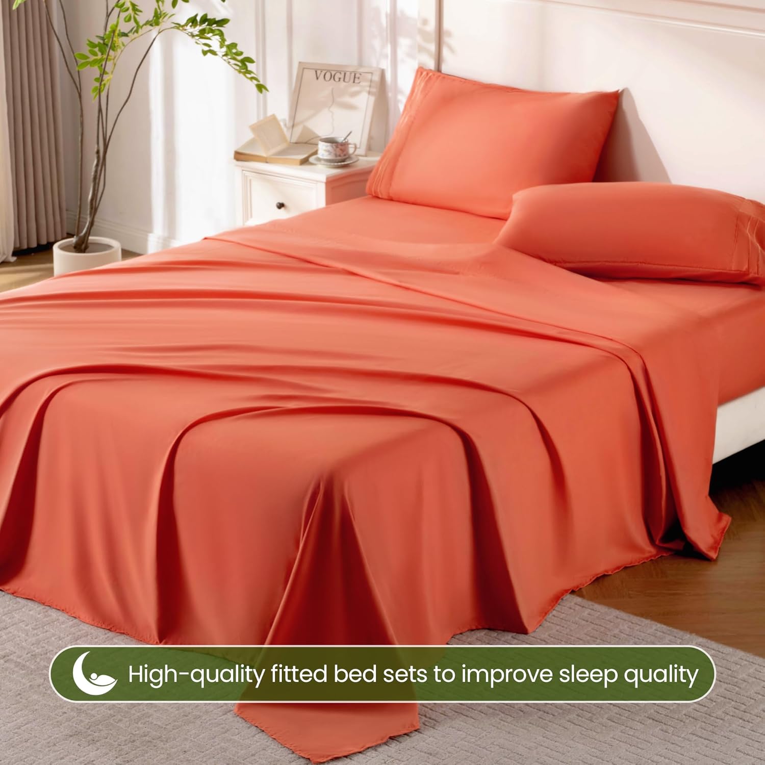 ROSE&RISY Orange Red Queen Sheet Set, 4 Pieces Soft Bedding Queen Sheet Set, Breathable and Cooling Sheet Bed Set,Includes 1 Fitted, 1 Flat, 2 Pillow Cases - Deep Pocket (Orange Red, Queen Size) - Image 5
