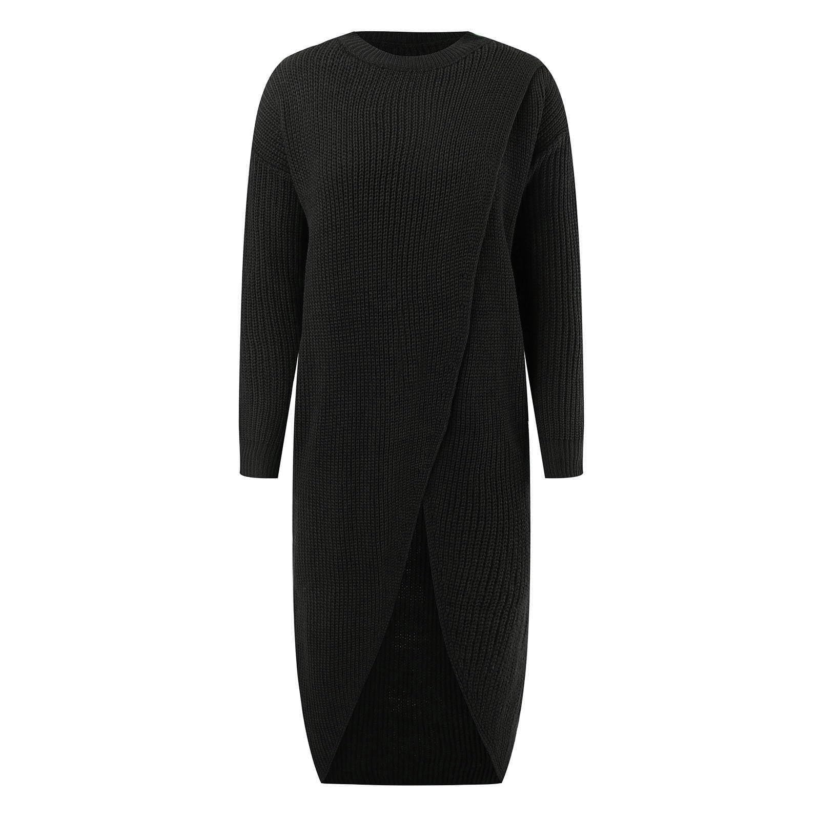 FUPODD Damen Strickkleid Winter Elegant Pulloverkleid Vorne Kurz Hinten Lang Pullover Winterkleid Warm Lässig Pullikleid Grobstrick Strickkleider Einfarbig Longpullover Frauen Dicke Winterkleider