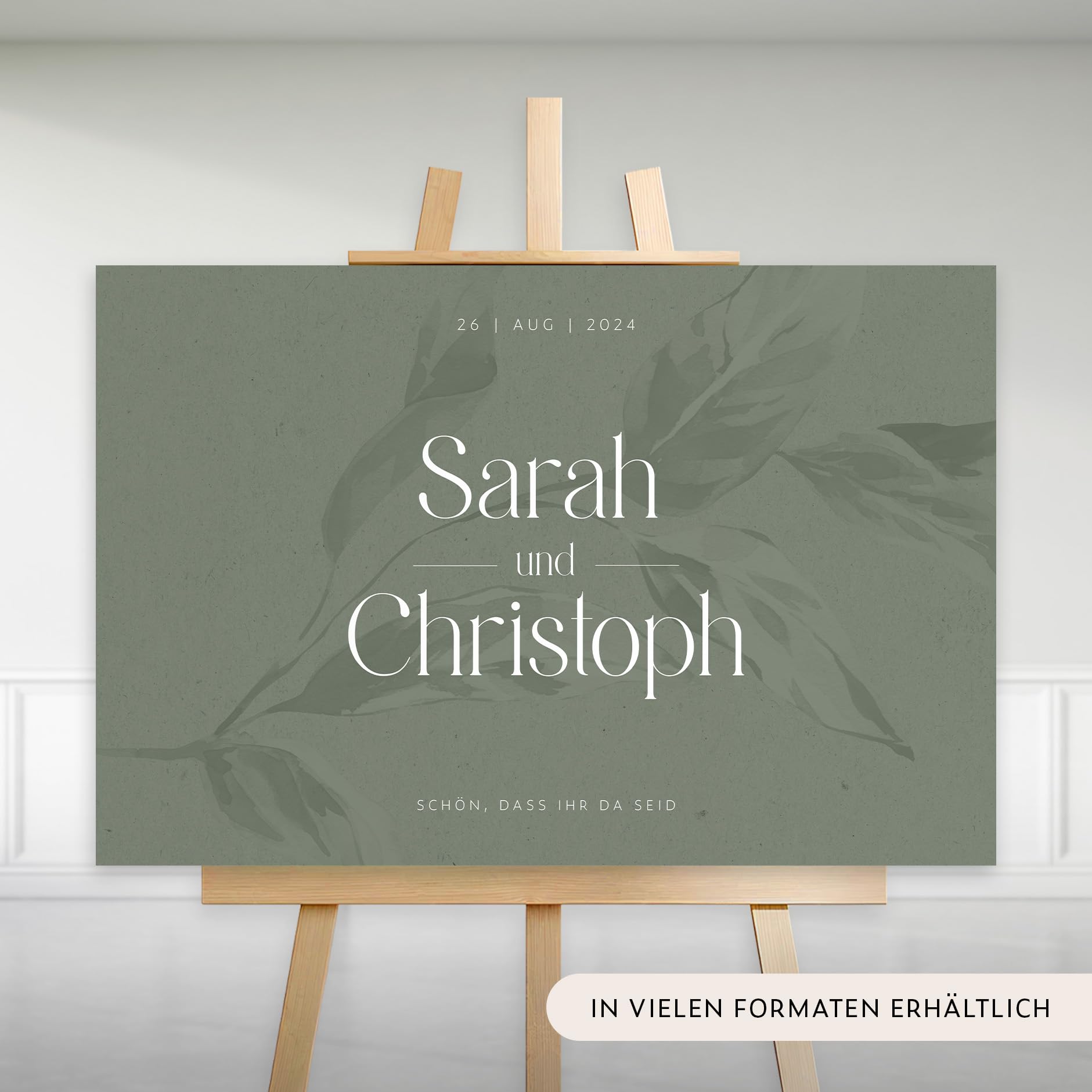Willkommensschild Hochzeit Grün mit Datum und Namen, personalisierte Hochzeitsdeko, Willkommen Schild, Eukalyptus, Leinwand, 60x40 (HEI Print)