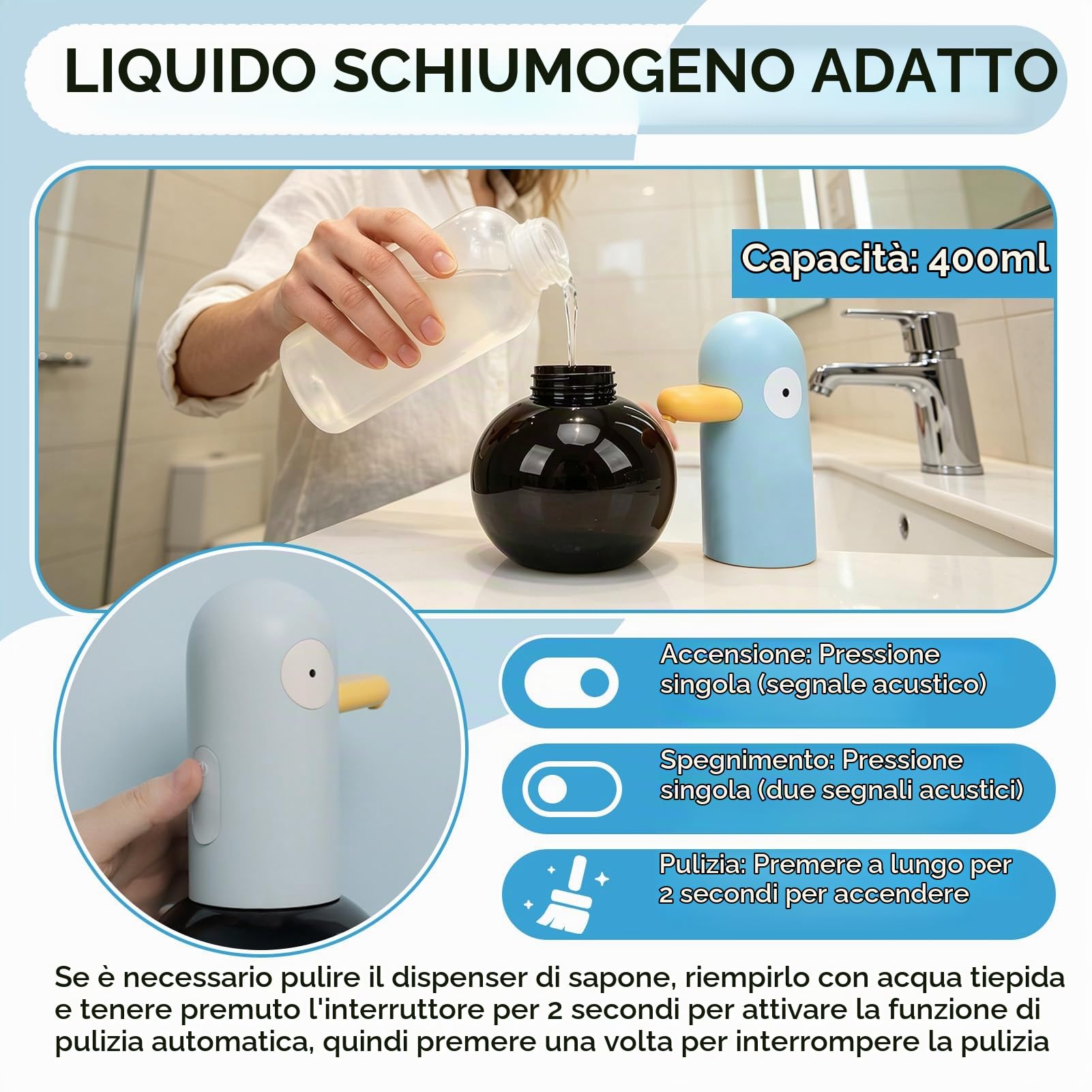 Dispenser per sapone Impermeabile Ricarica, 400ml Adorabile Papera Dispenser Automatico Di Sapone Schiumoso per Cucina, Bagno, Ricaricabile (Tipo 1)